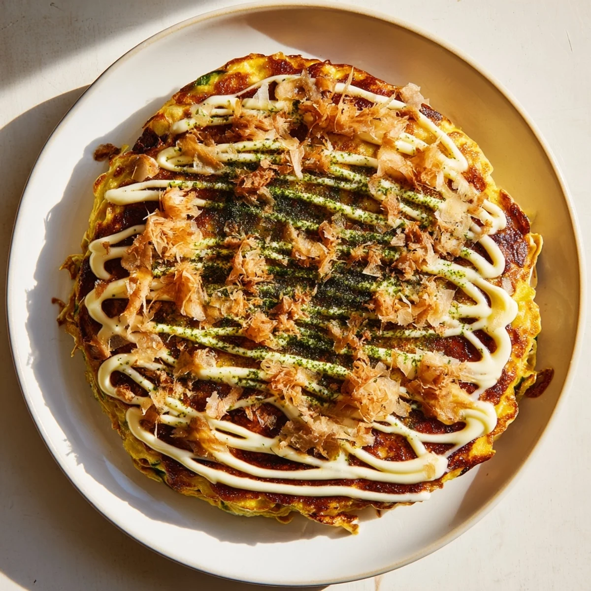 A rustic wooden plate holding a savory Chicken Okonomiyaki, garnished with green onions and seaweed flakes, ready to be enjoyed.