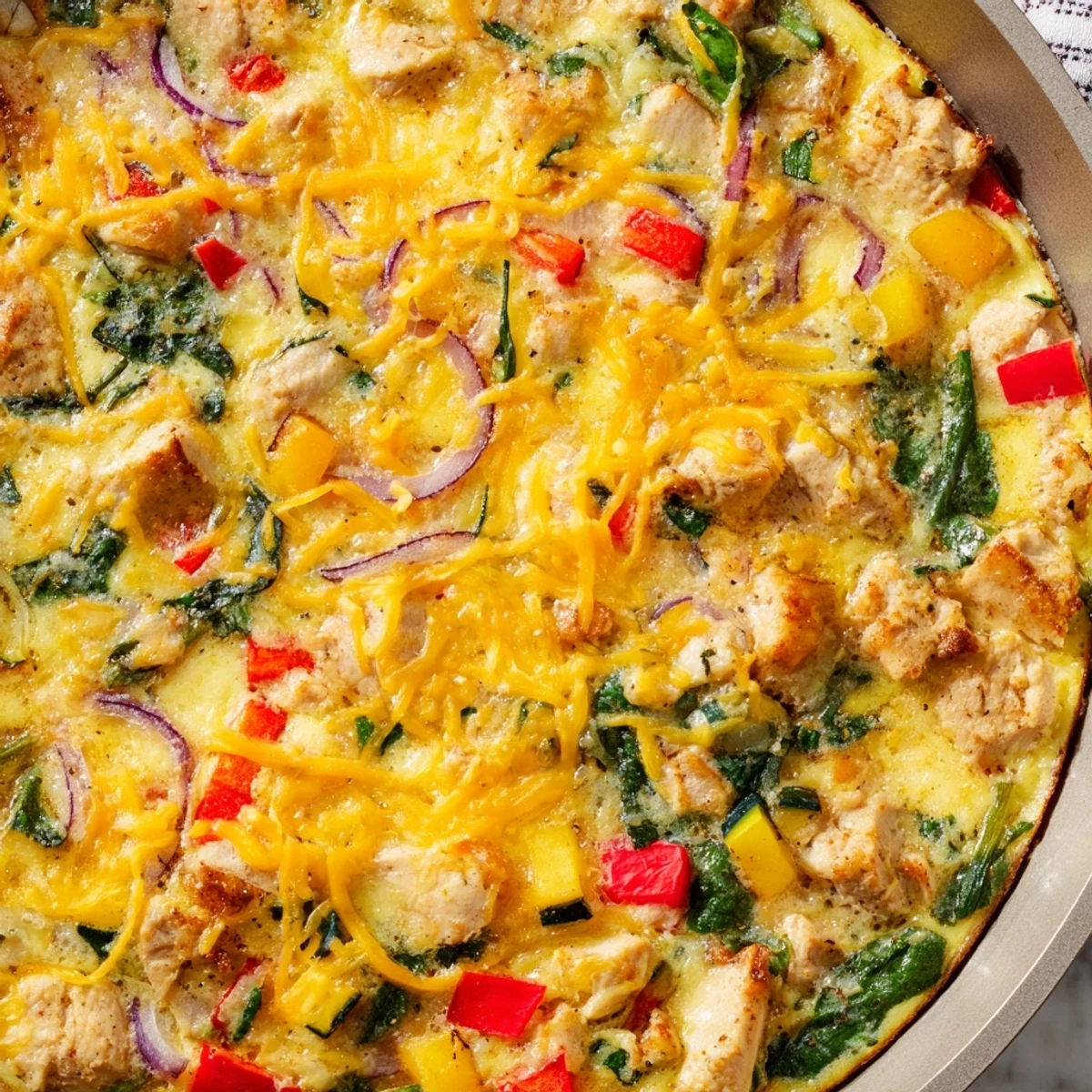 A golden slice of Chicken and Vegetable Frittata on a white plate, loaded with diced chicken breast, spinach, and bell peppers.