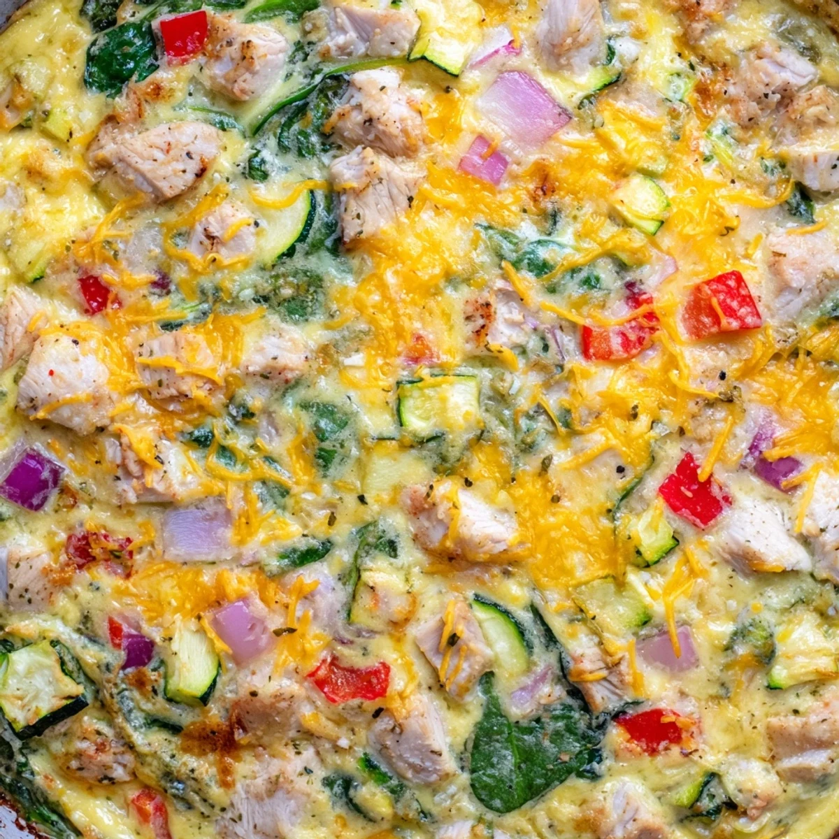 A close up of the Chicken and Vegetable Frittata with melted cheddar and Parmesan, garnished with fresh herbs on a rustic table.