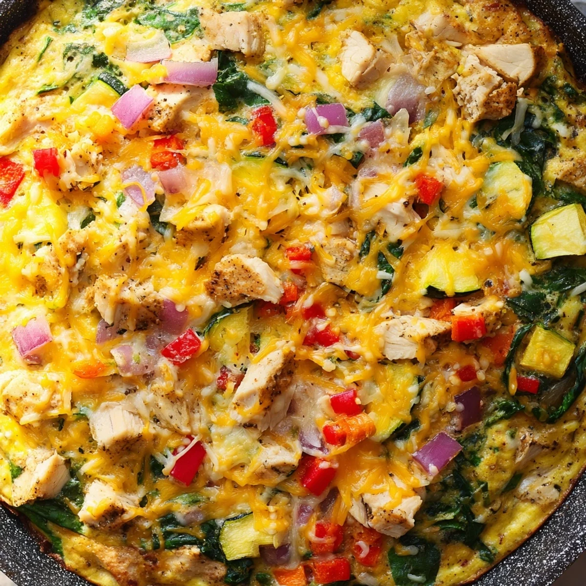 An oven baked Chicken and Vegetable Frittata in a cast iron skillet, served warm with a side salad for a healthy brunch.