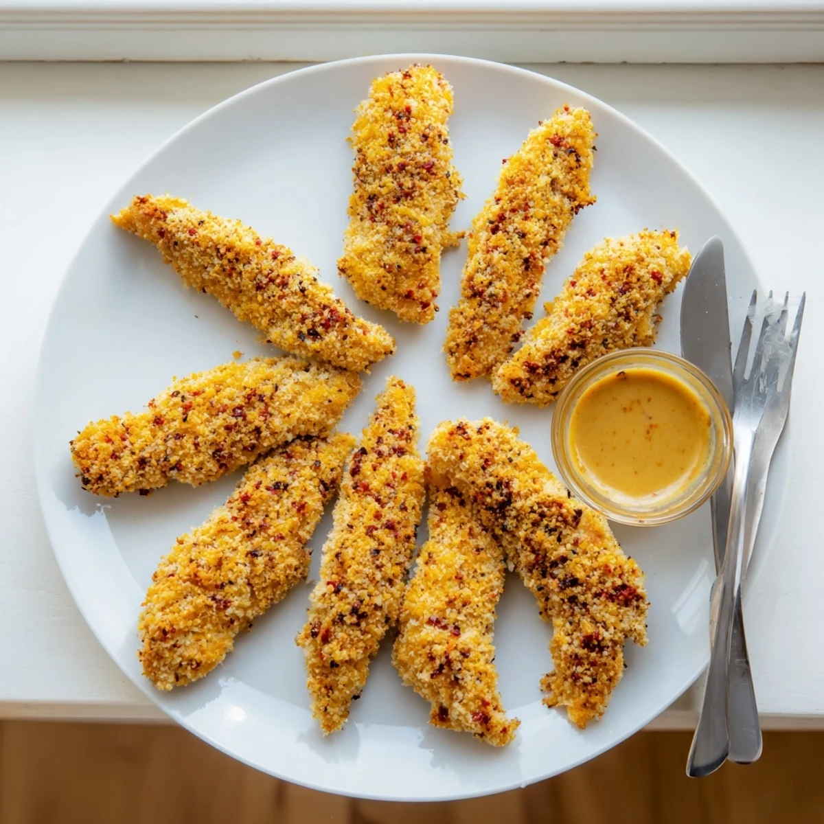 Crispy Panko Crusted Chicken Strips cooling on a wire rack with lemon wedges for serving.