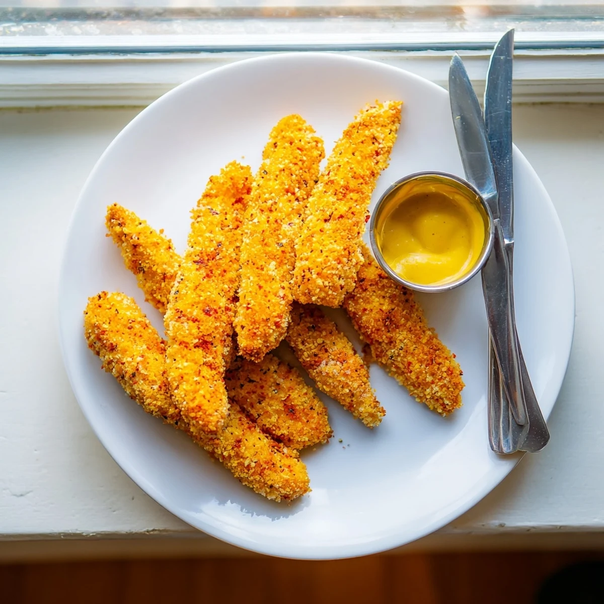 Golden-brown Panko Crusted Chicken Strips stacked high on a plate with fresh parsley and dipping sauce.