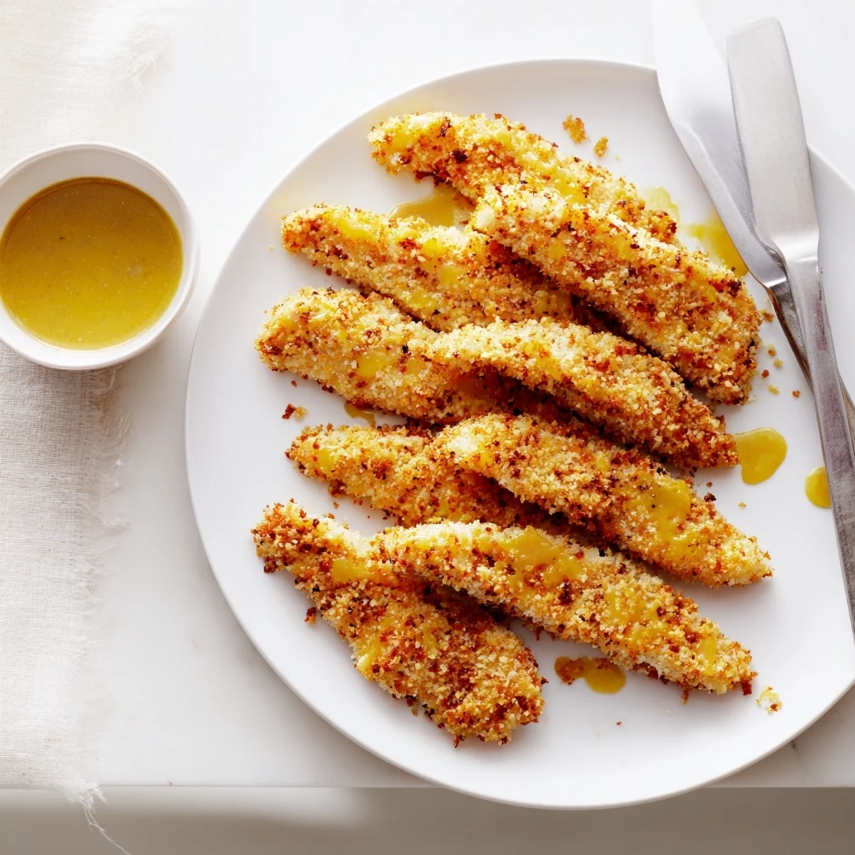 Close-up of Panko Crusted Chicken Strips showing golden texture, served with creamy ranch dipping sauce.