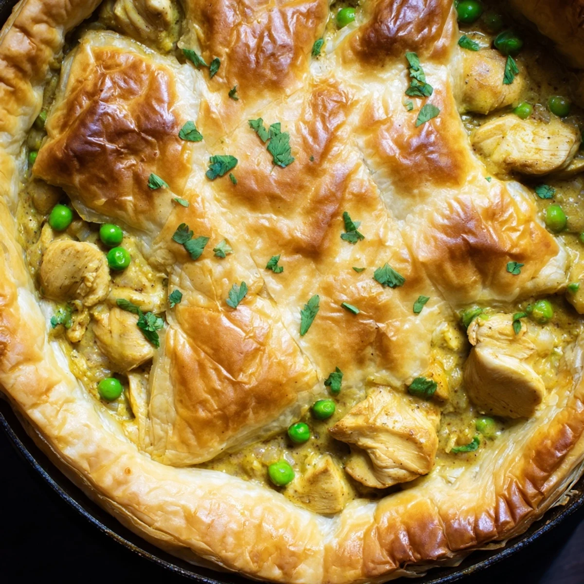 Golden, flaky puff pastry covers creamy chicken korma filling in a single skillet.