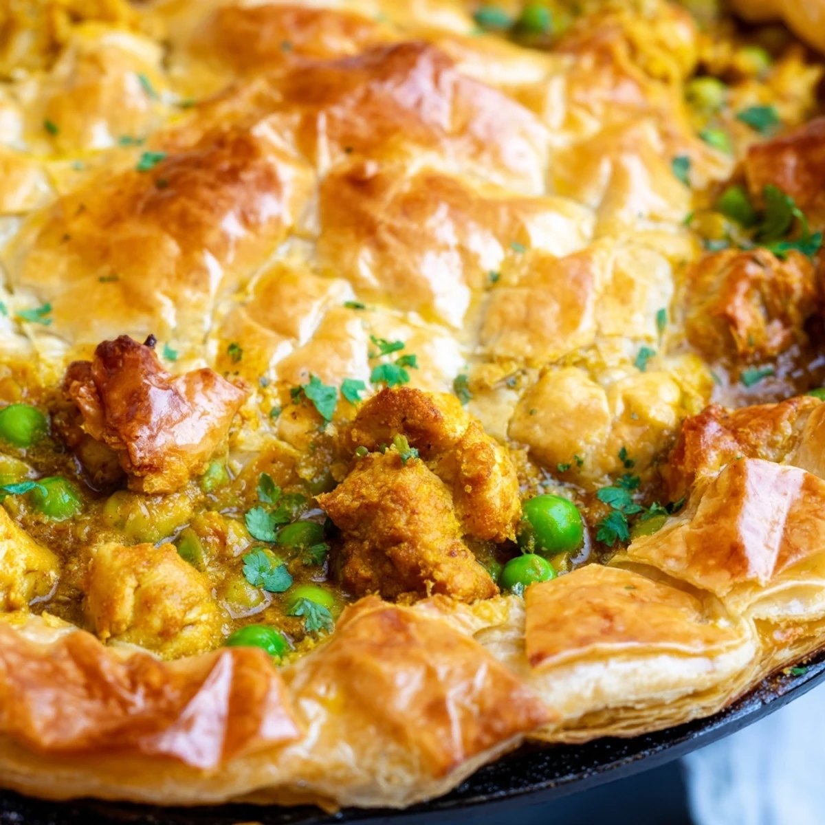 One Pan Chicken Korma Pie slice reveals tender chicken in spiced sauce under crust.