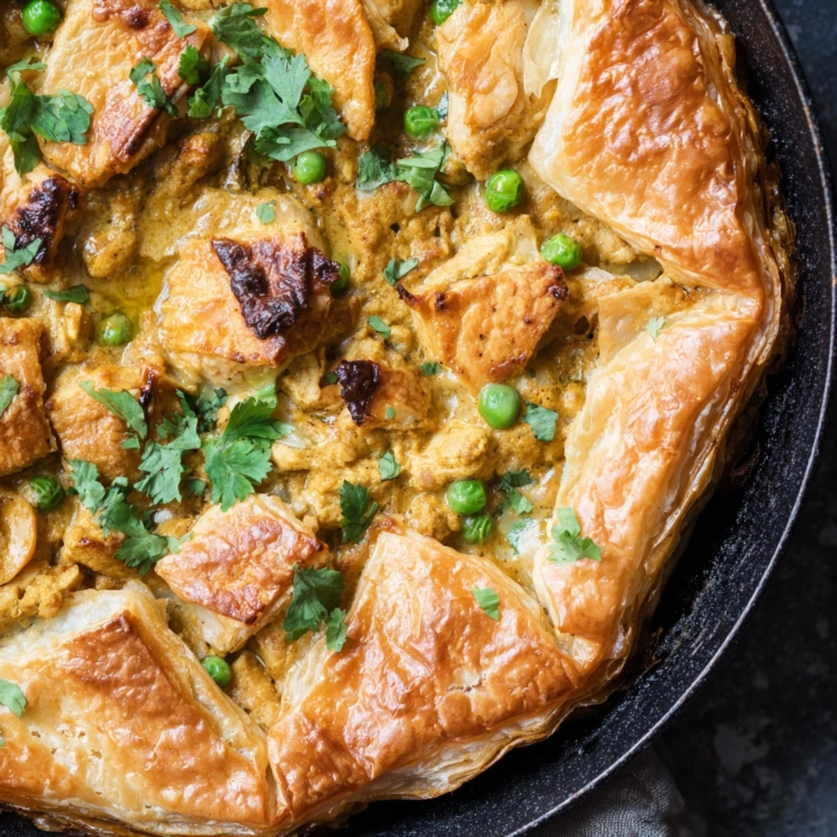 One Pan Chicken Korma Pie bubbling with peas and cilantro, served from the oven.