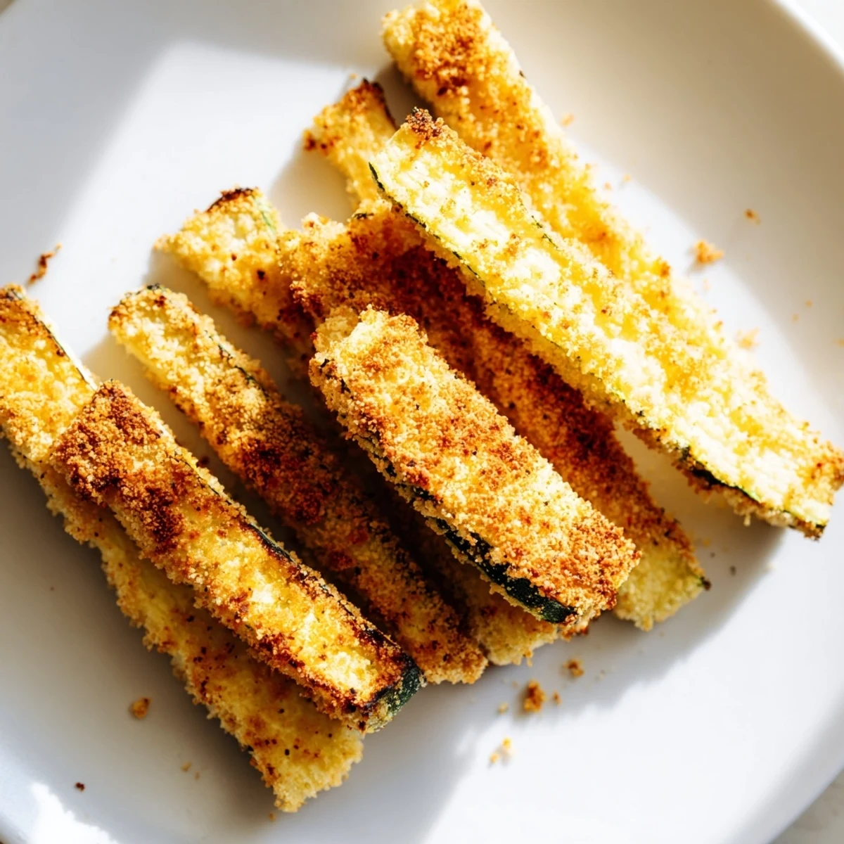 Golden-brown Keto Baked Parmesan Zucchini Fries arranged on a wire rack, highlighting their crispy coating and tender zucchini center for a low-carb snack.