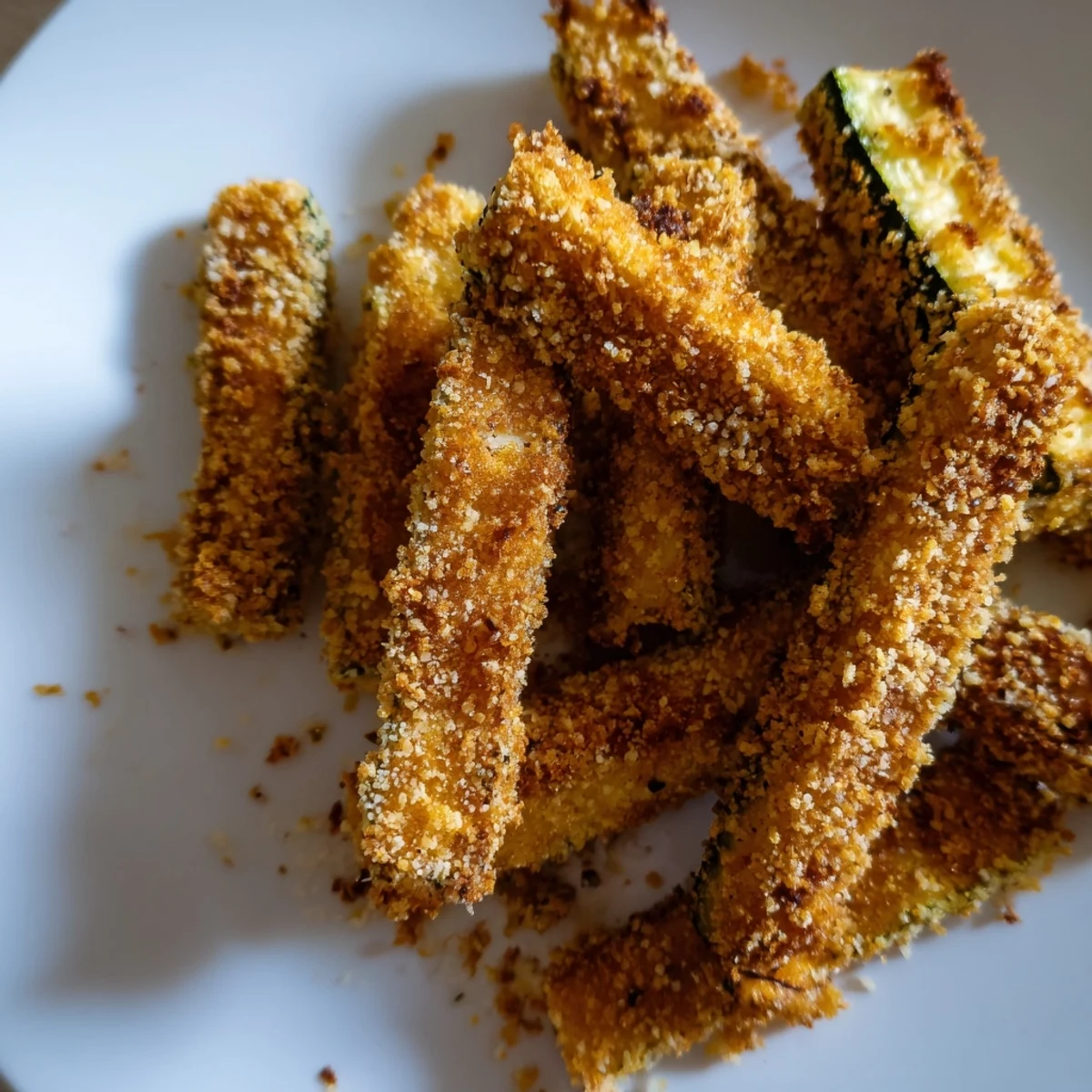 Freshly baked Keto Baked Parmesan Zucchini Fries on a parchment-lined baking sheet, showcasing their golden Italian-seasoned crust and vibrant green zucchini interior.