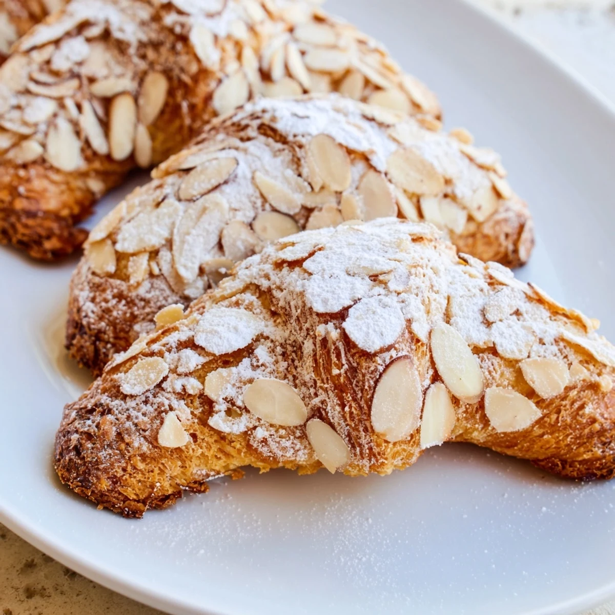 Homemade Almond Croissant Cookies shaped into crescents, topped with sliced almonds and ready to serve.