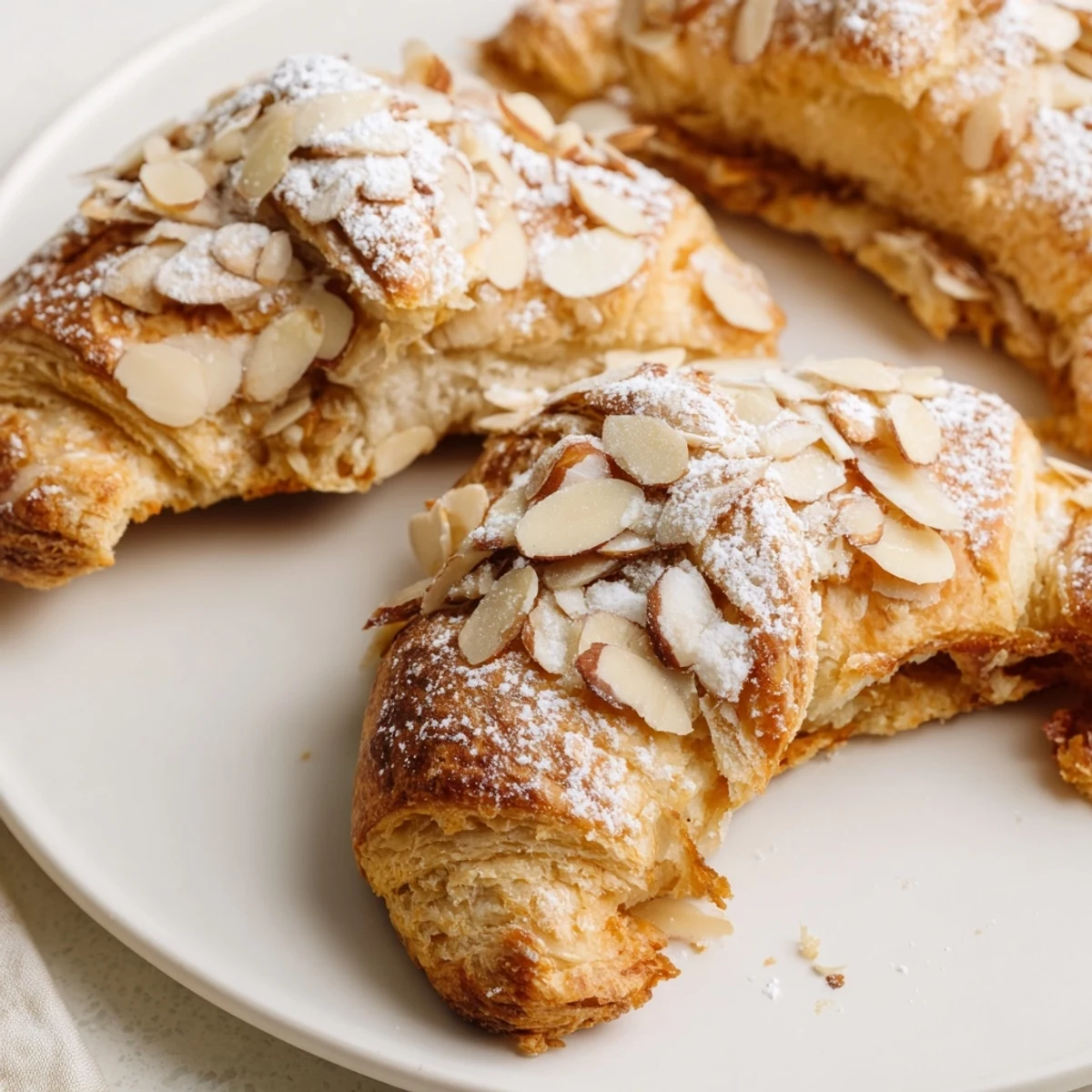 Warm Almond Croissant Cookies dusted with powdered sugar, arranged on a cooling rack.