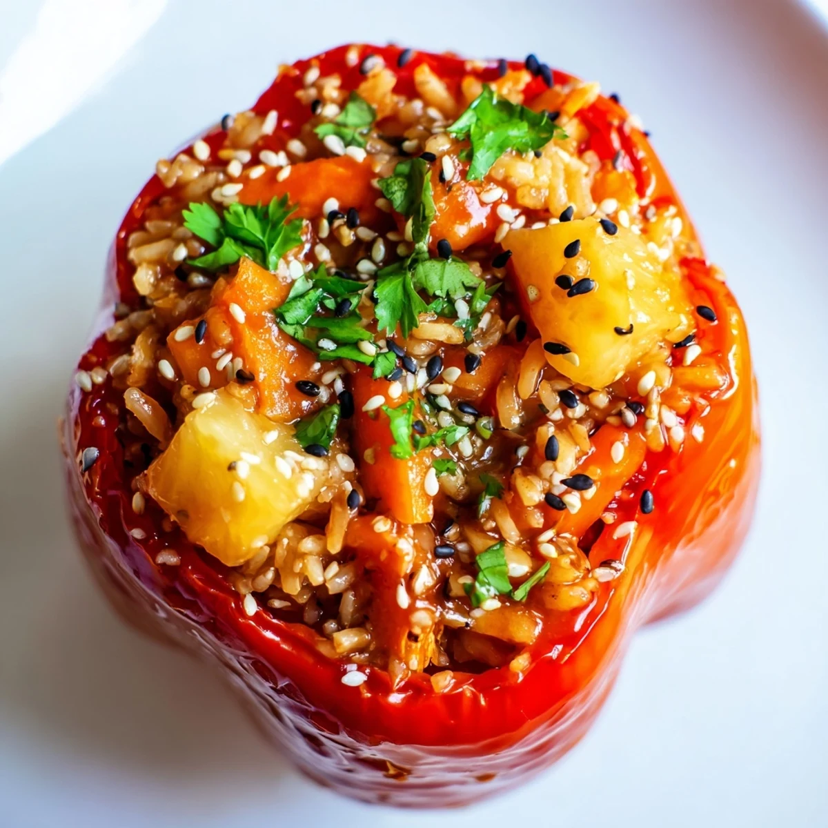Vibrant bell peppers filled with tender teriyaki chicken, sweet pineapple, and fluffy jasmine rice, topped with glossy glaze.