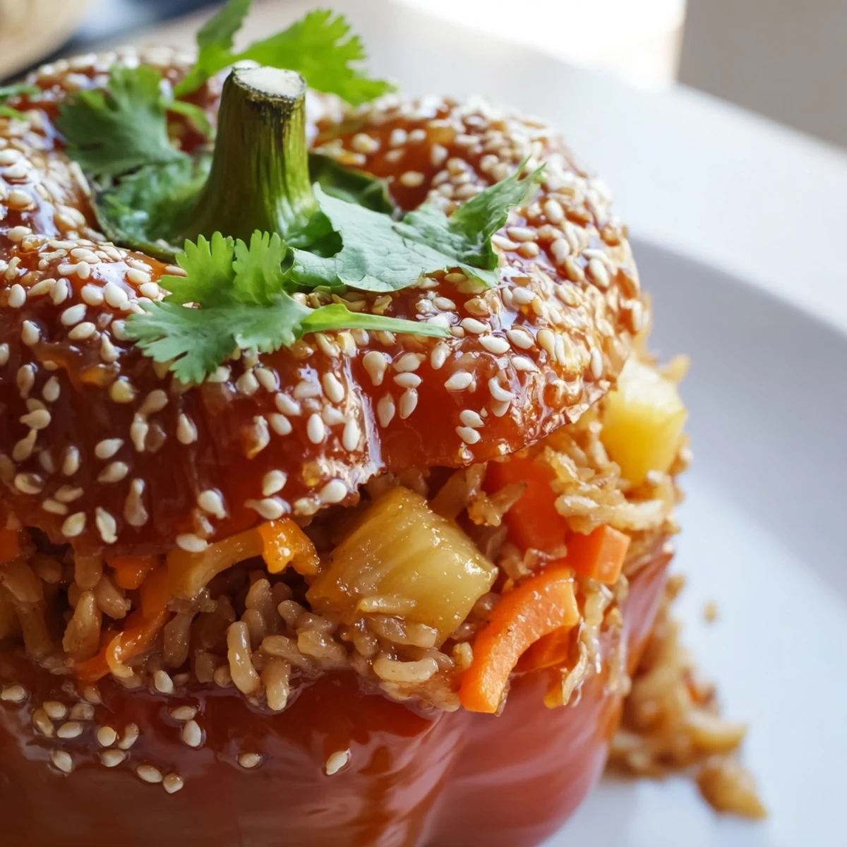 Golden baked Teriyaki Pineapple Chicken and Rice Stuffed Peppers resting on a rustic plate, garnished with sesame seeds.