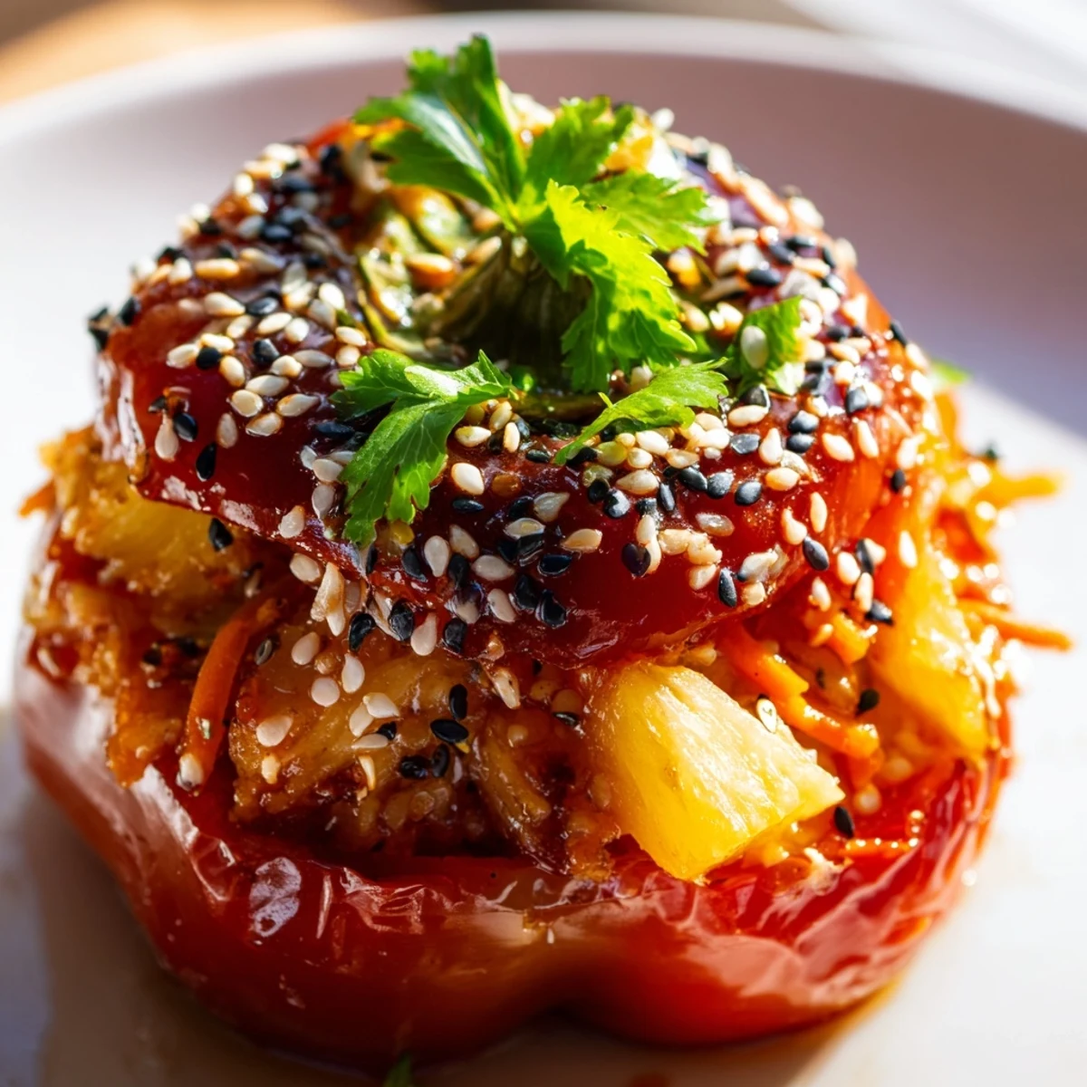 Colorful platter of Teriyaki Pineapple Chicken and Rice Stuffed Peppers beside a glass of Sauvignon Blanc.