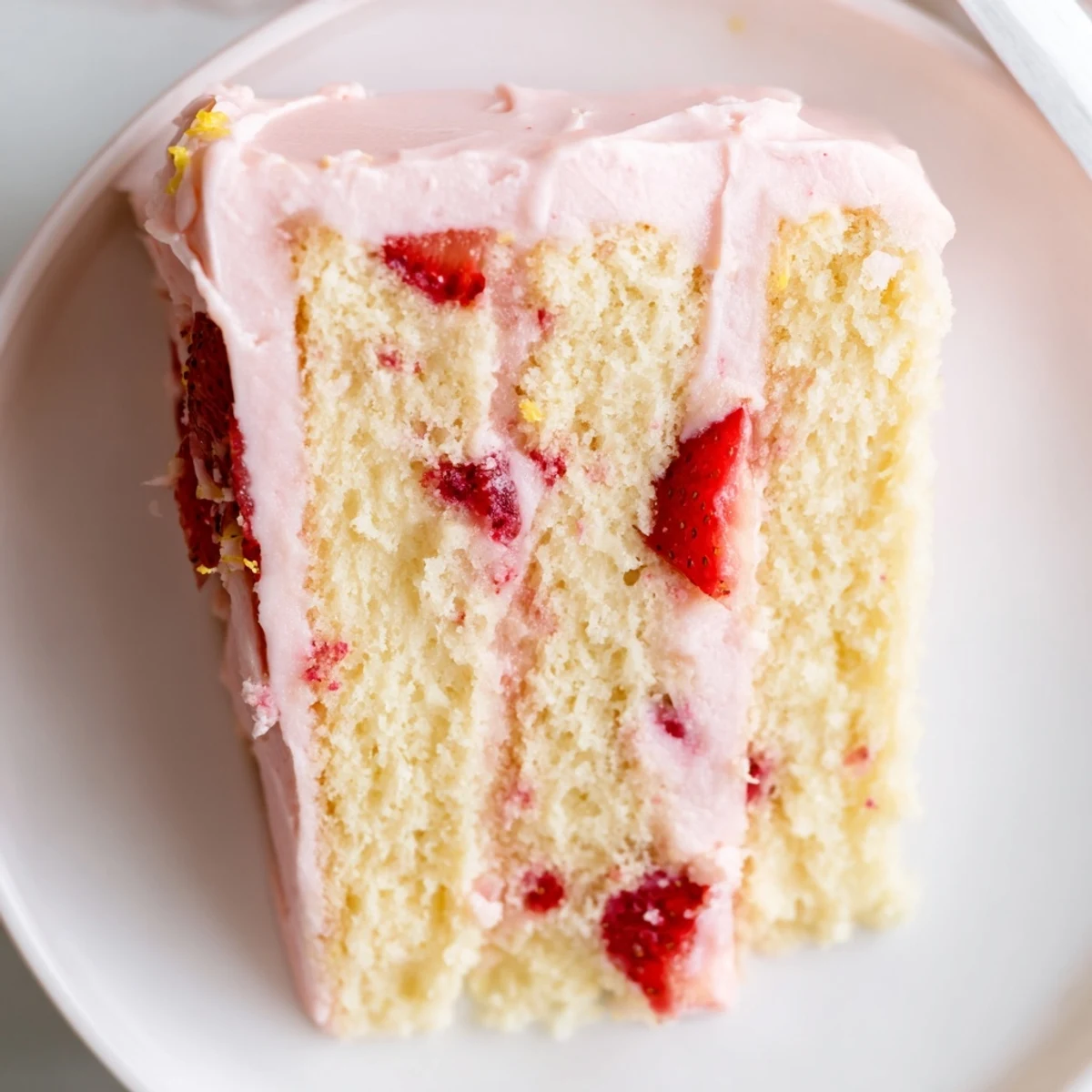 Strawberry Lemonade Cake With Creamy Lemon Buttercream sliced on a plate, revealing fluffy crumb, lemon zest flecks, and a tangy buttercream swirl for serving.