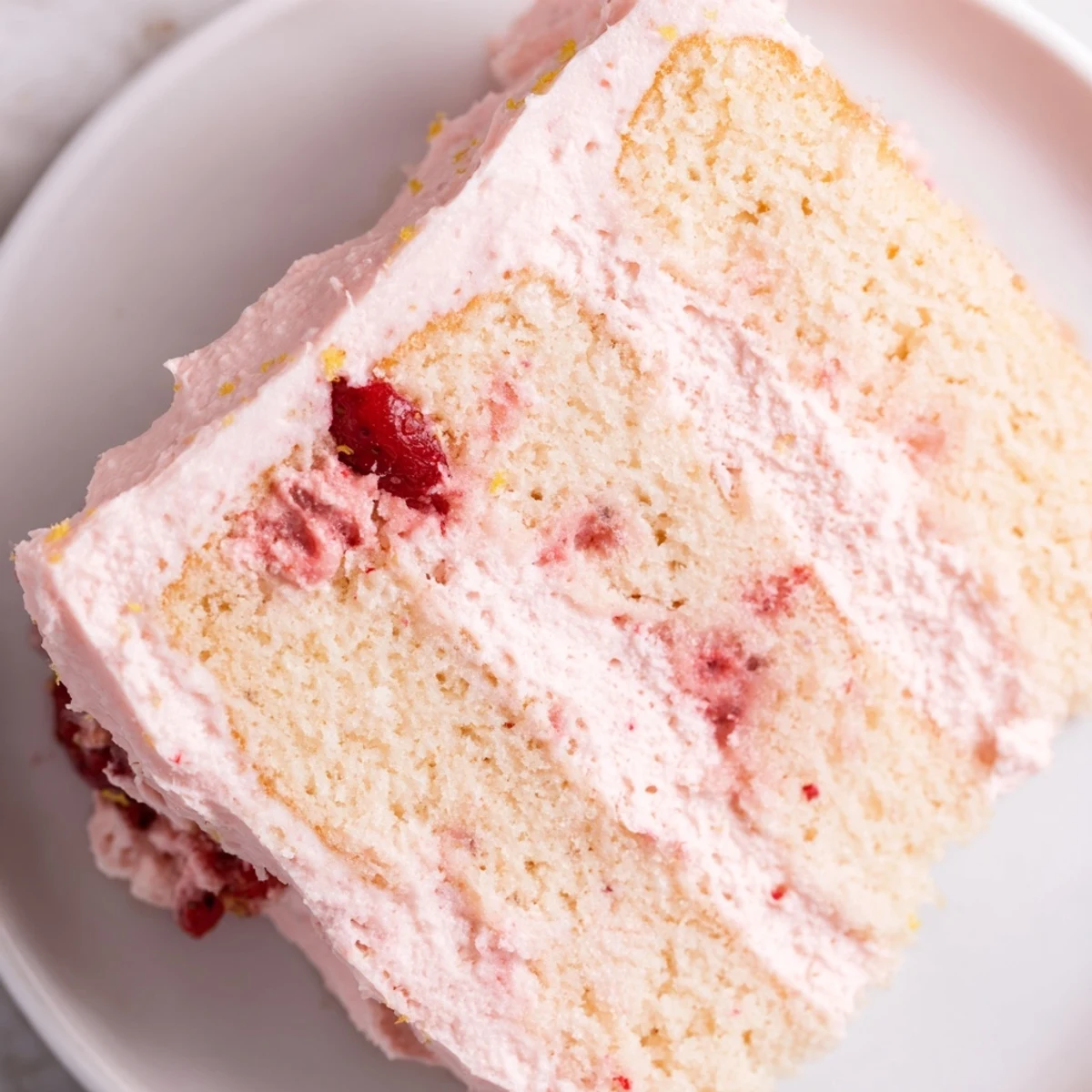 Freshly frosted Strawberry Lemonade Cake With Creamy Lemon Buttercream on a rustic table, garnished with lemon slices and ripe strawberries for a summery dessert.
