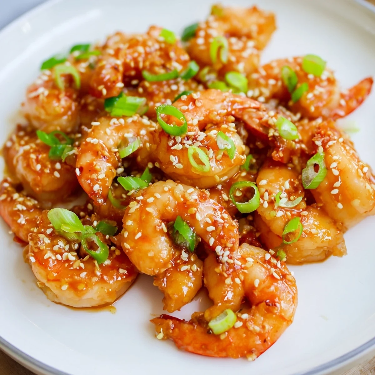 Juicy High Protein Honey Garlic Shrimp glistening with a sweet-savory glaze on a serving plate.