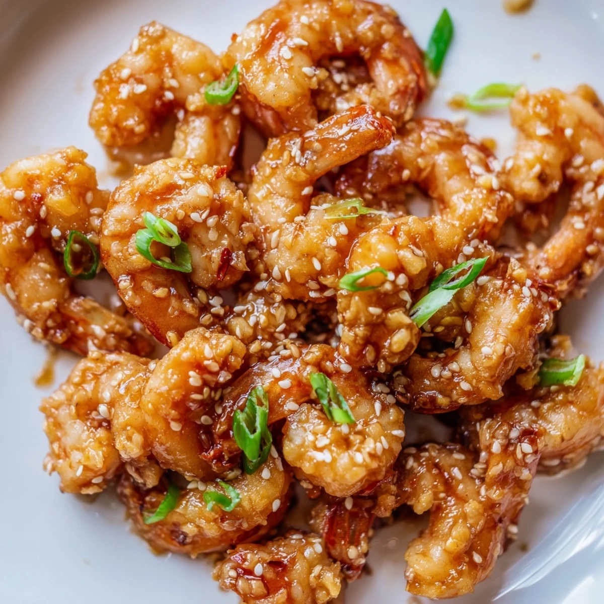 Close-up of High Protein Honey Garlic Shrimp garnished with green onions and sesame seeds.