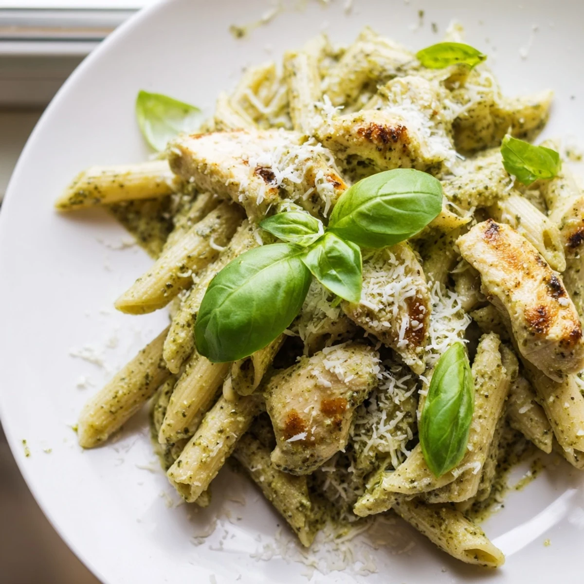 Creamy Pesto Chicken Pasta in a white bowl garnished with fresh basil and Parmesan.