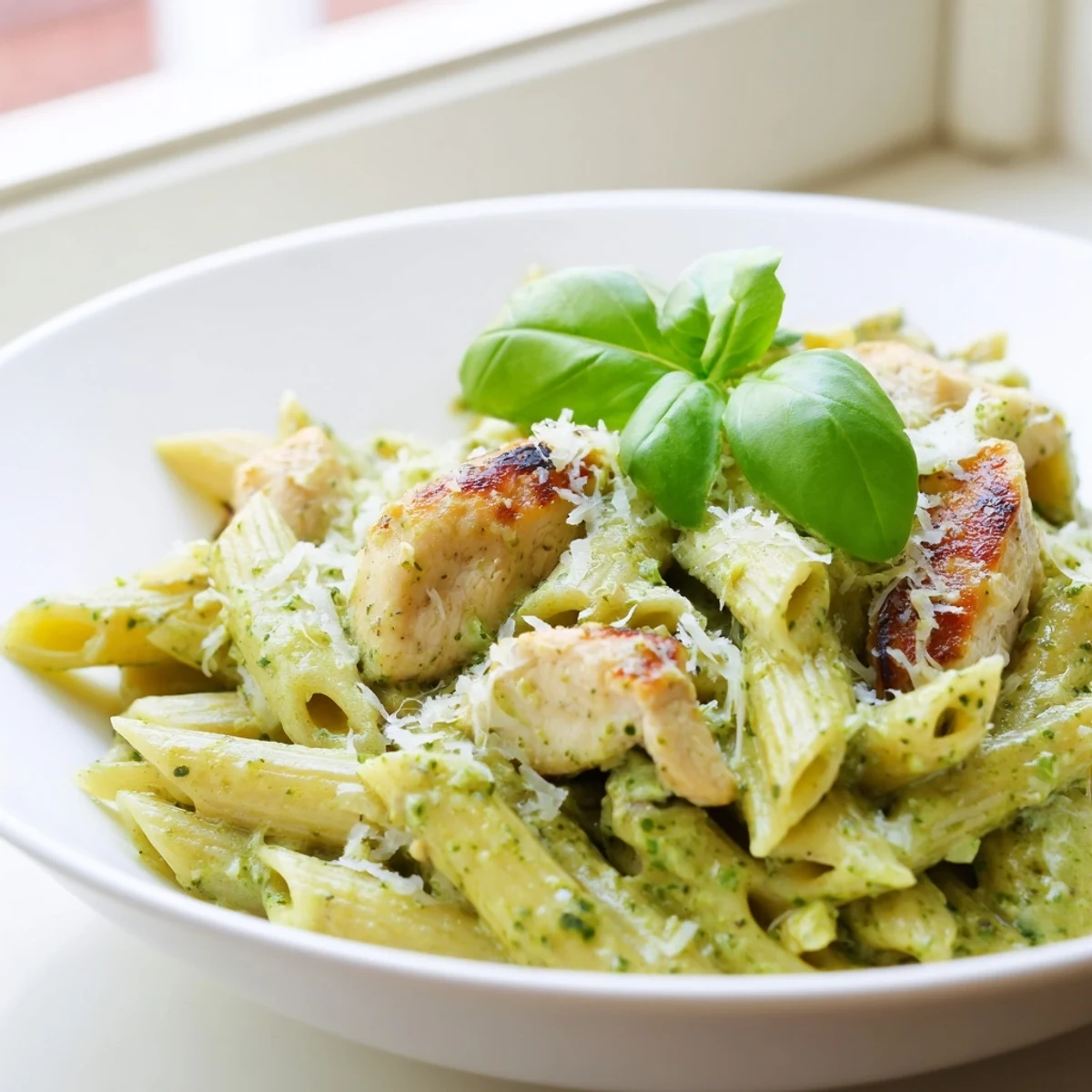 A close-up of Creamy Pesto Chicken Pasta with tender chicken pieces and creamy sauce.
