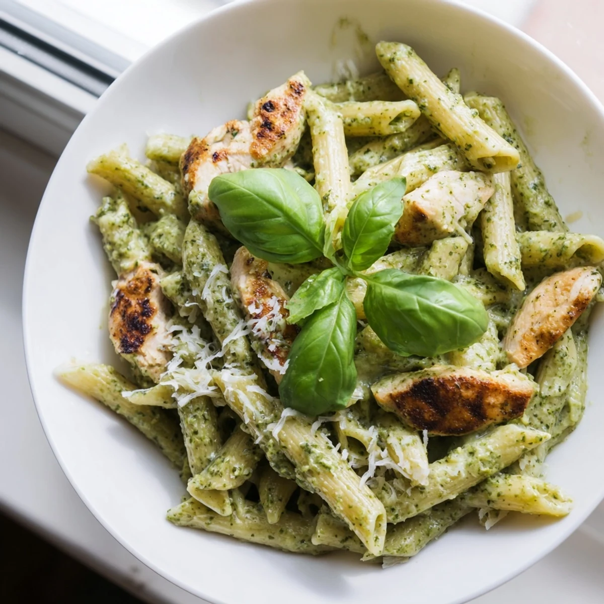 Creamy Pesto Chicken Pasta served on a rustic wooden table, ready for dinner.