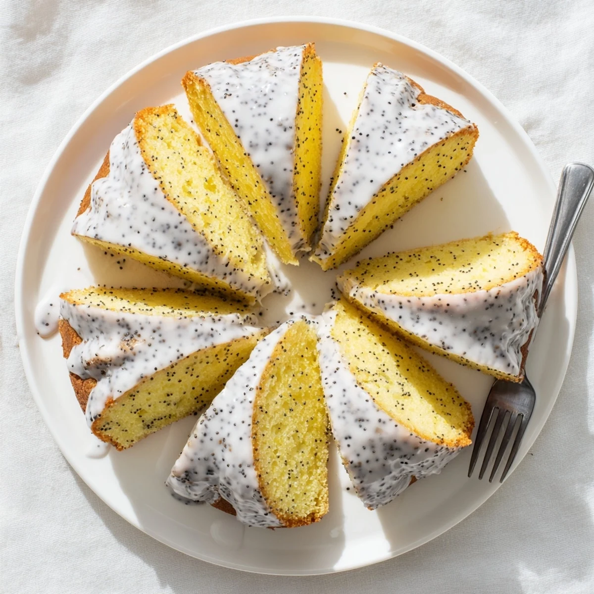 A close-up view of a freshly baked Lemon Poppy Seed Cake drizzled with zesty glaze on a rustic wooden table.
