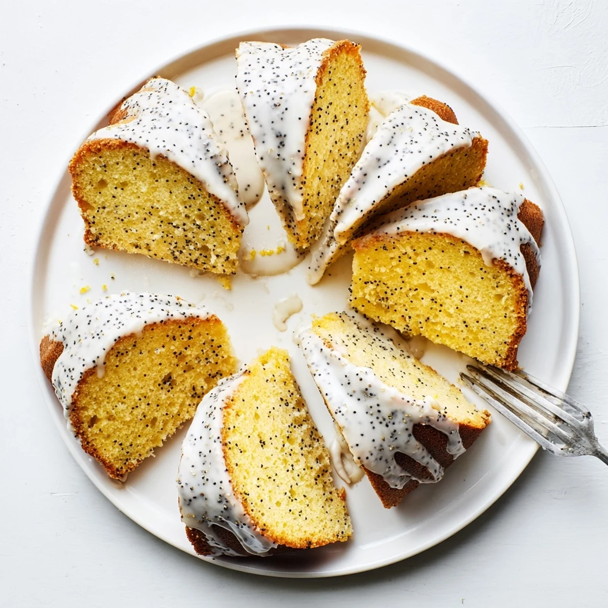 A sliced wedge of Lemon Poppy Seed Cake reveals a tender interior, served on a white plate with lemon slices.