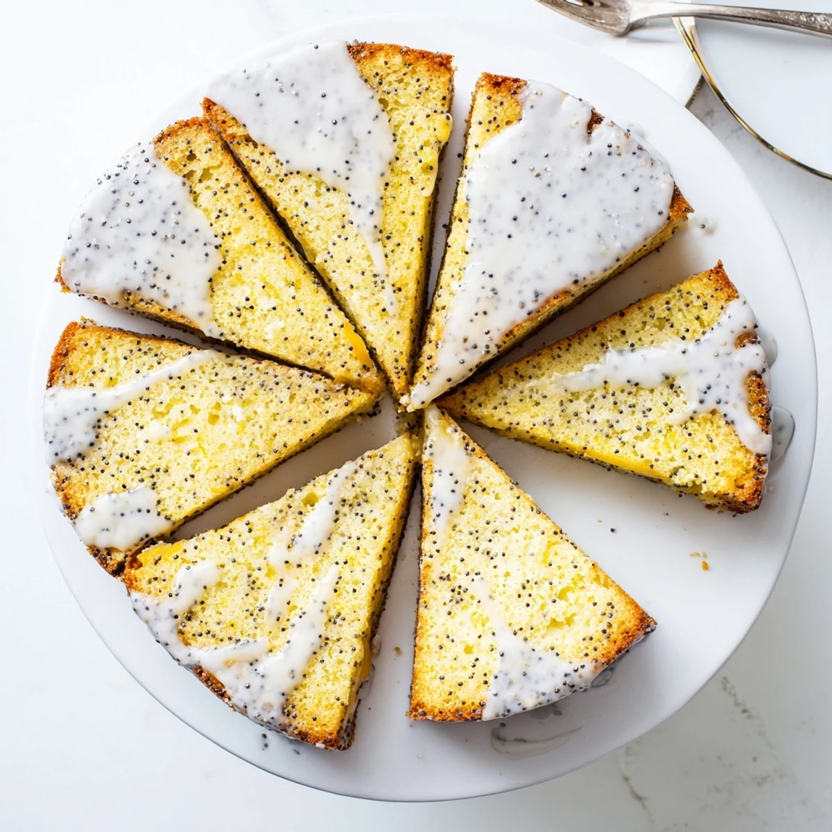 This moist Lemon Poppy Seed Cake showcases visible poppy seeds and a golden crumb, perfect for afternoon tea.