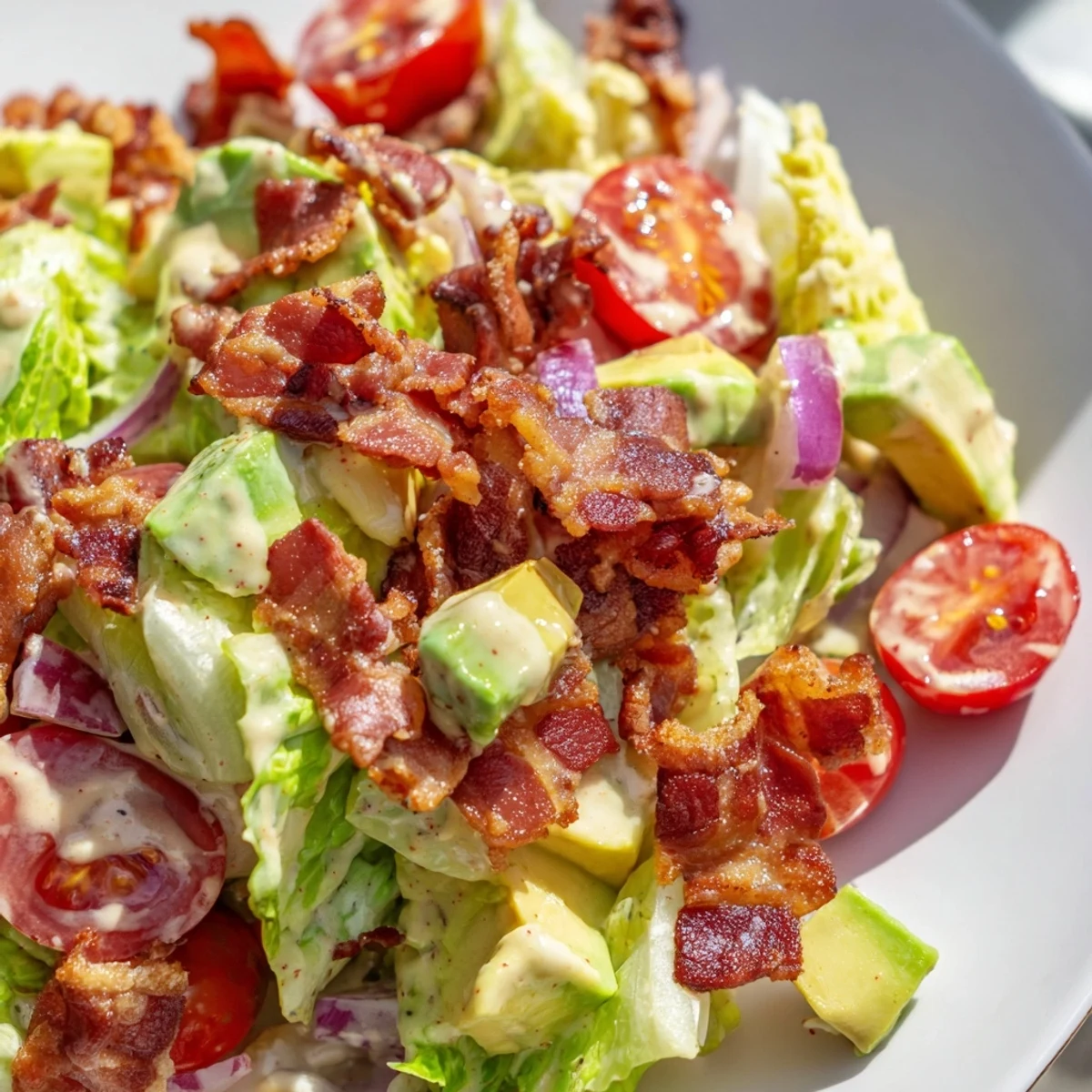 Crispy Bacon Keto BLT Salad with crisp romaine, juicy tomatoes, and creamy dressing on a plate.