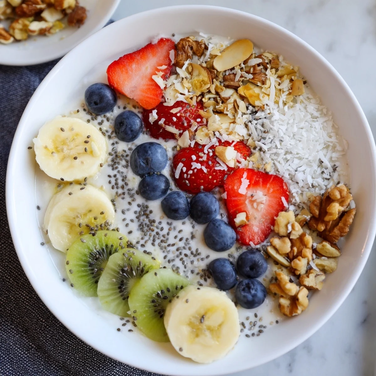 Greek yogurt layered with fresh strawberries, blueberries, banana, and crunchy granola in a healthy breakfast bowl.