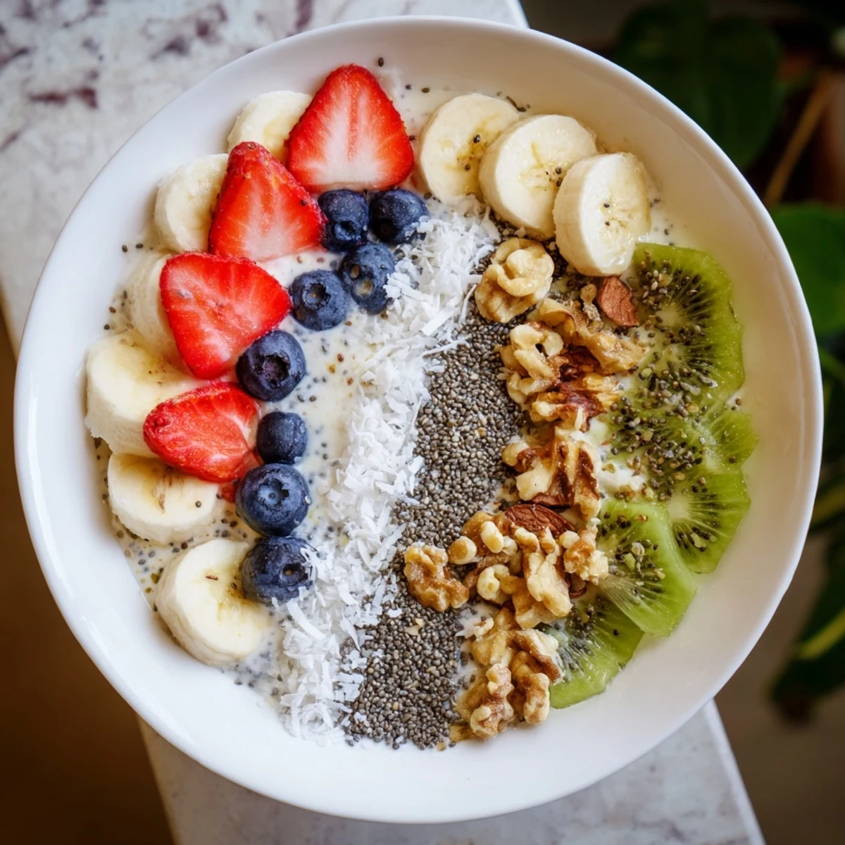 A wholesome healthy breakfast bowl with kiwi, chia seeds, nuts, and honey drizzle, served in a ceramic bowl.