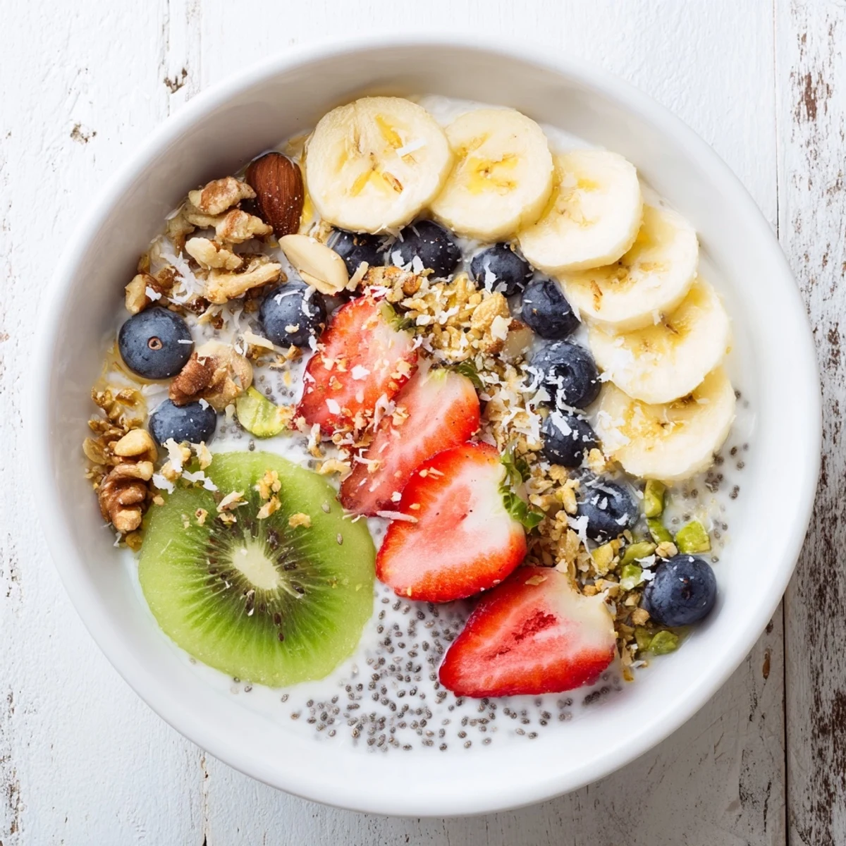Vibrant healthy breakfast bowl topped with banana slices and shredded coconut, paired with green tea for a nourishing start.