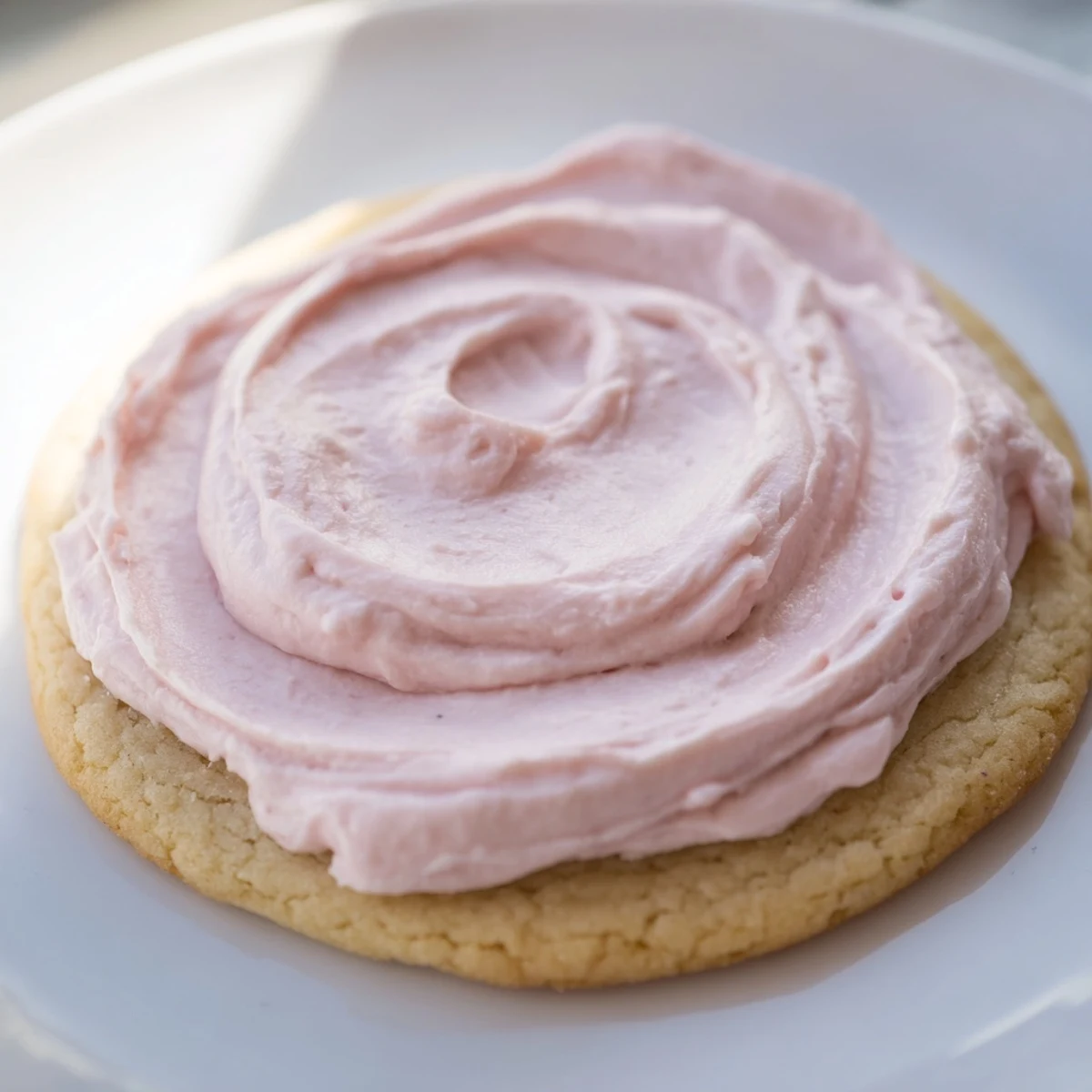 A close-up of Crumbl Sugar Cookies with creamy pink almond frosting, showing thick, bakery-style texture on a serving platter.