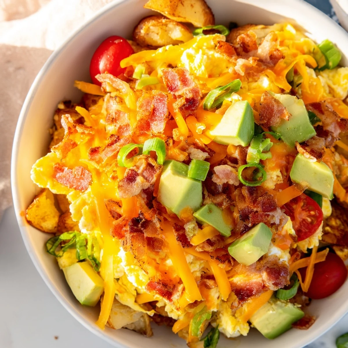 Steaming Loaded Breakfast Bowl with fluffy scrambled eggs and crispy potatoes topped with melted cheese.