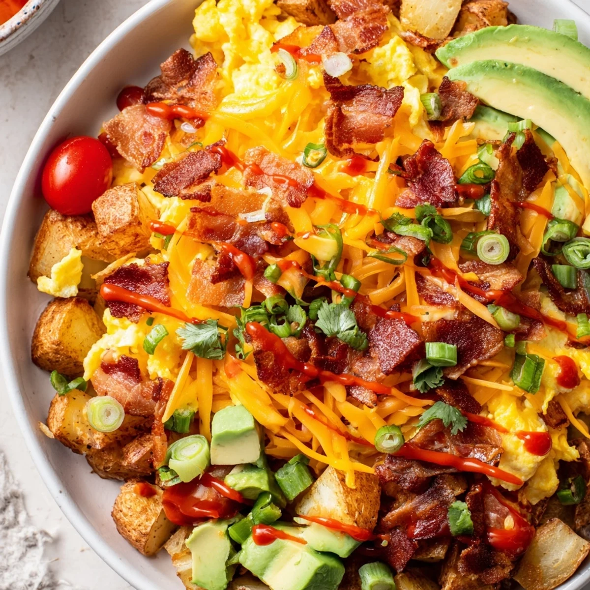 Loaded Breakfast Bowl features crispy bacon bits, diced avocado, and vibrant cherry tomatoes for freshness.