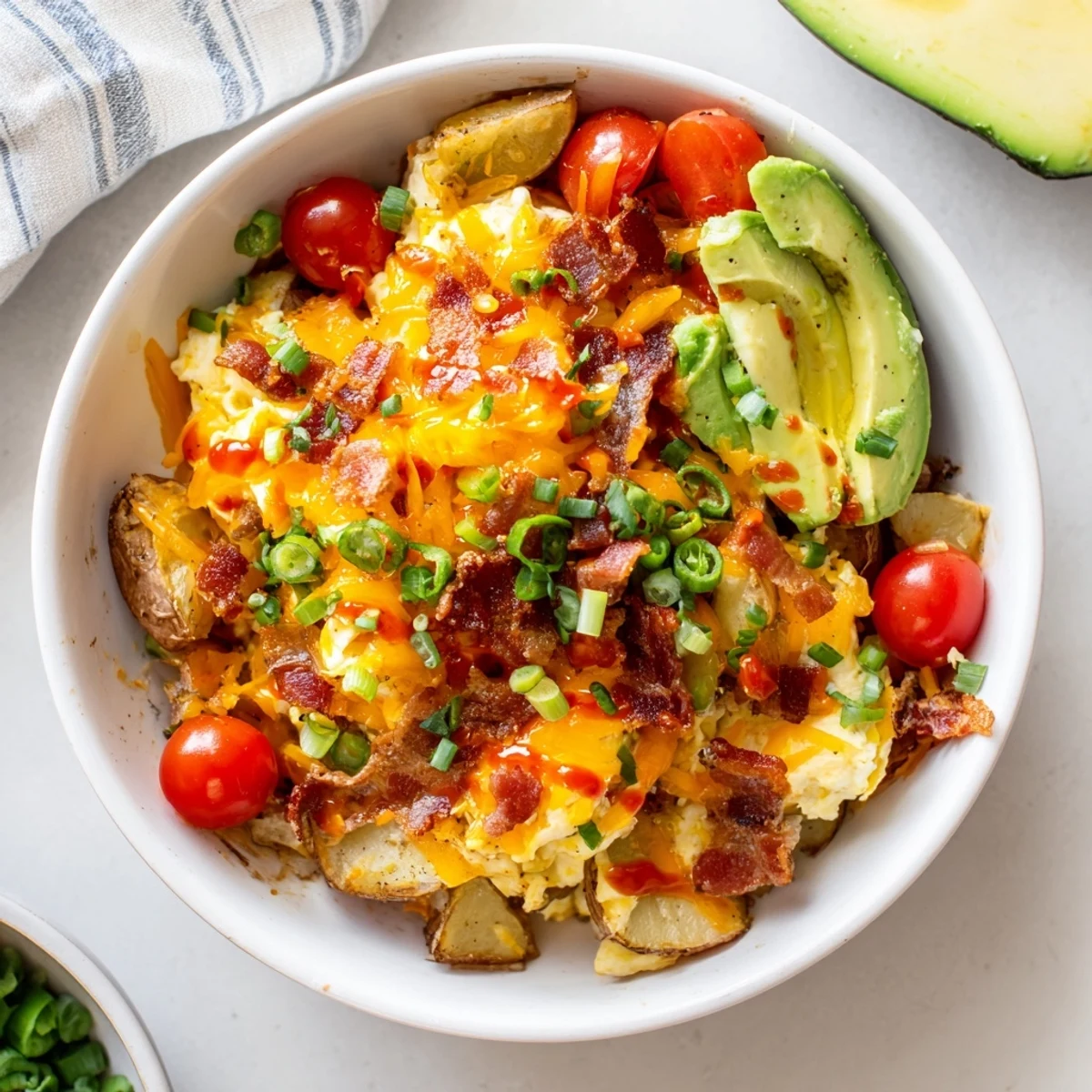 Warm Loaded Breakfast Bowl includes golden roasted potatoes, eggs, bacon, cheddar, and a drizzle of hot sauce.