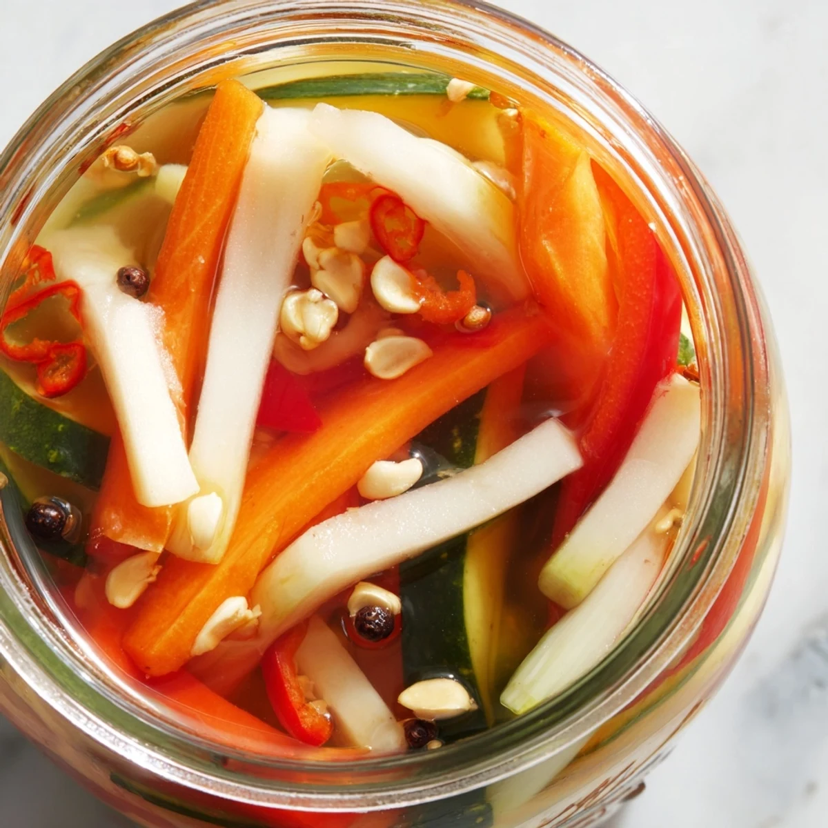 Bright, colorful Vietnamese Vegetable Pickle Medley in a glass jar, showcasing julienned daikon, carrots, and cucumbers in tangy brine.