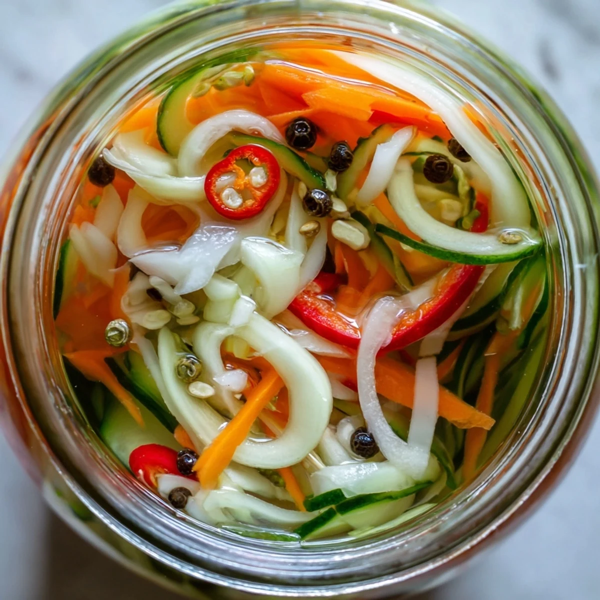 A close-up of vibrant Vietnamese Vegetable Pickle Medley with crunchy vegetables and optional red chilies, glistening with pickling brine.
