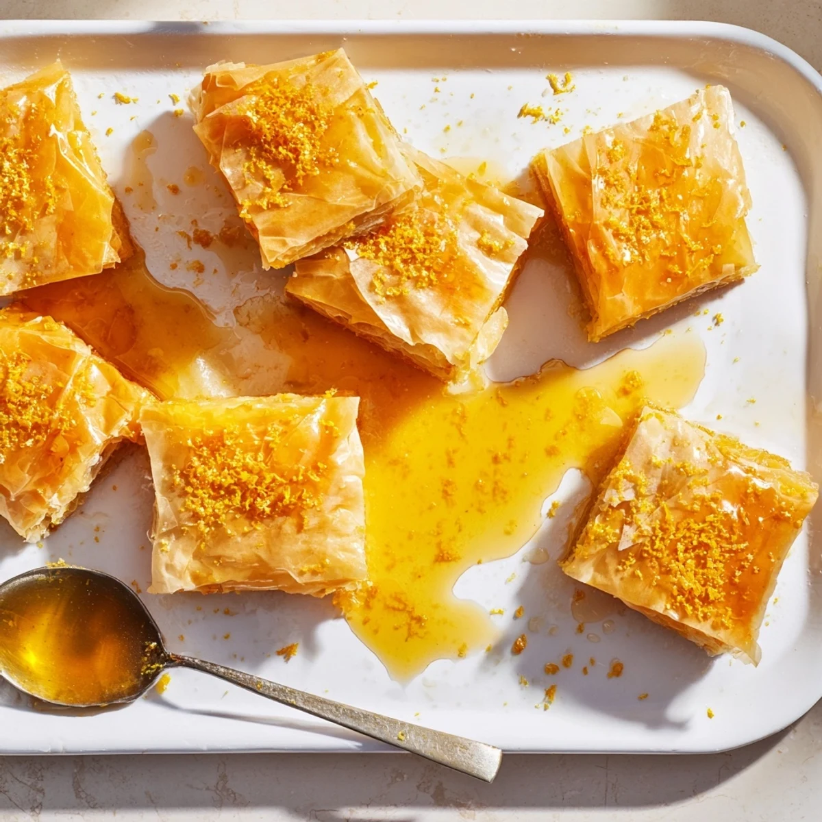 Golden baked Portokalopita Greek orange cake with crispy phyllo layers and syrup glaze on a plate.