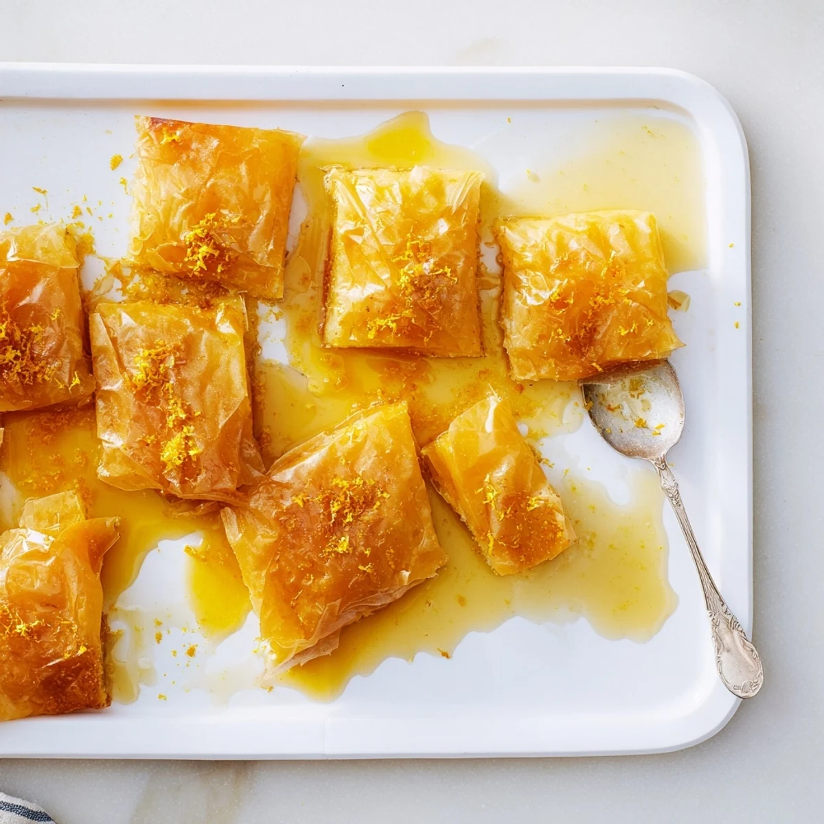 A close-up of Portokalopita dessert, soaked in orange syrup, served with fresh orange slices nearby.
