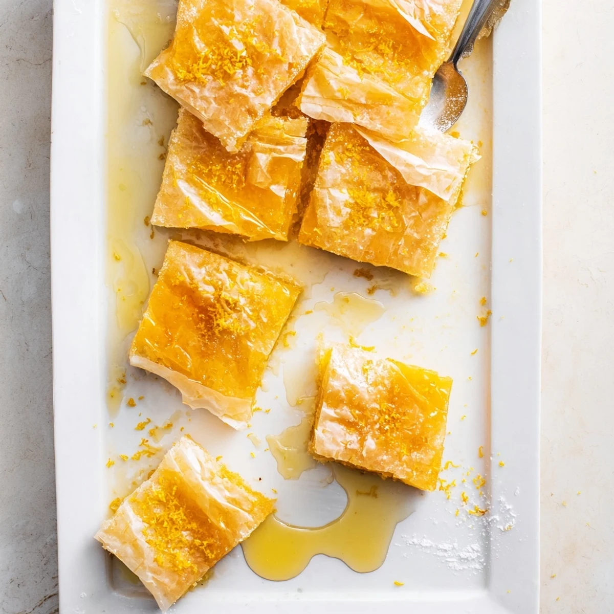 Portokalopita Greek orange pie with crumpled phyllo, yogurt, and zest, presented on a rustic serving tray.