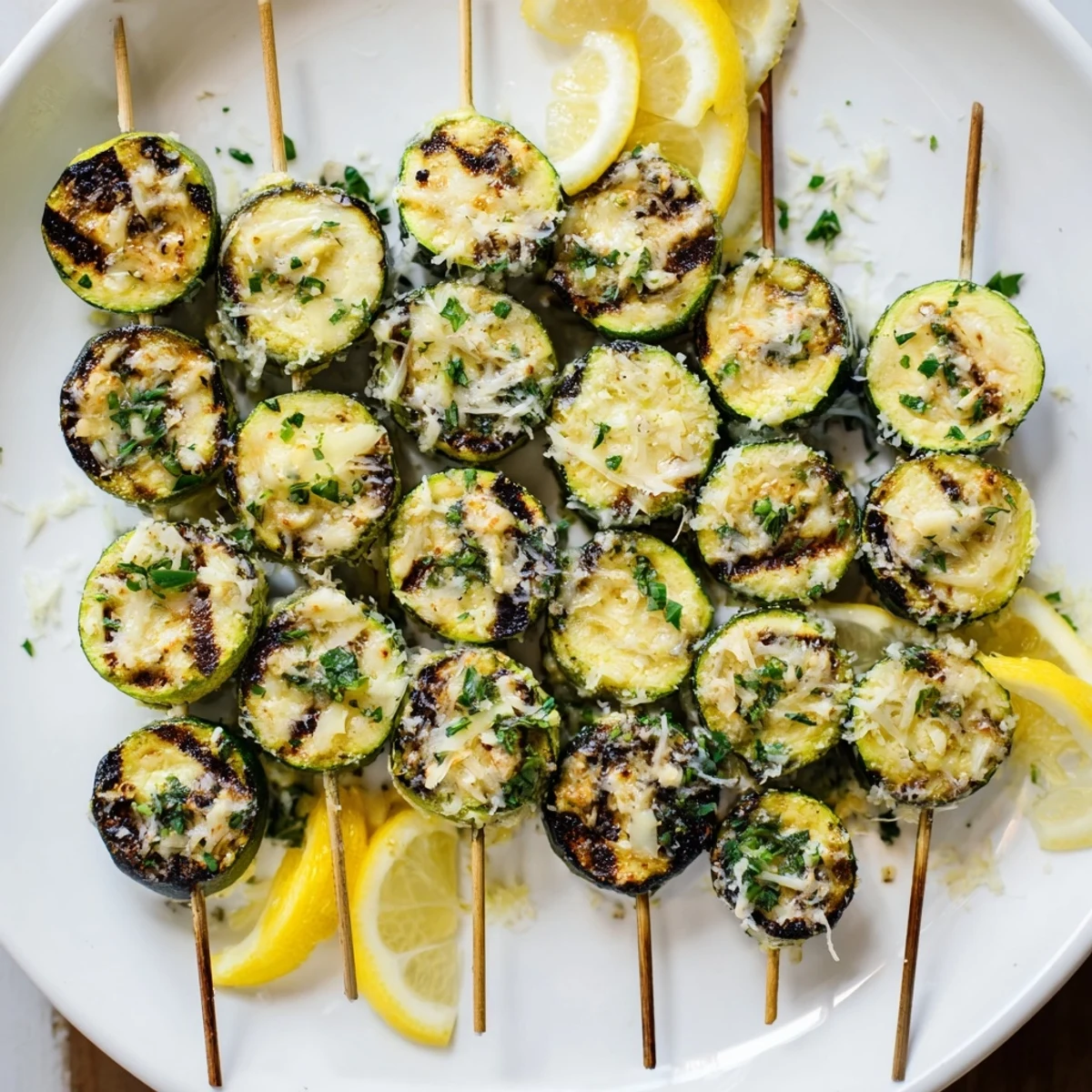 Grilled Garlic Butter Zucchini Skewers featuring tender, charred rounds brushed with aromatic garlic and herb butter, served with fresh lemon wedges for a bright Mediterranean finish.