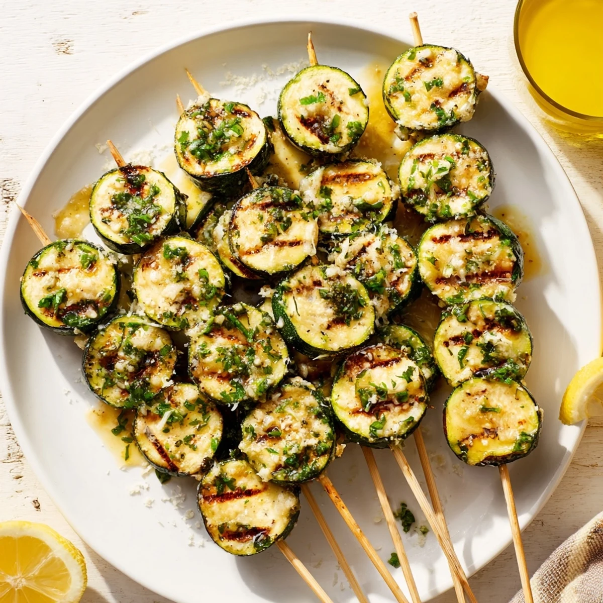 Juicy zucchini rounds sizzling on a grill, basted with a fragrant garlic butter sauce and finished with a sprinkle of Parmesan cheese for a savory side dish.