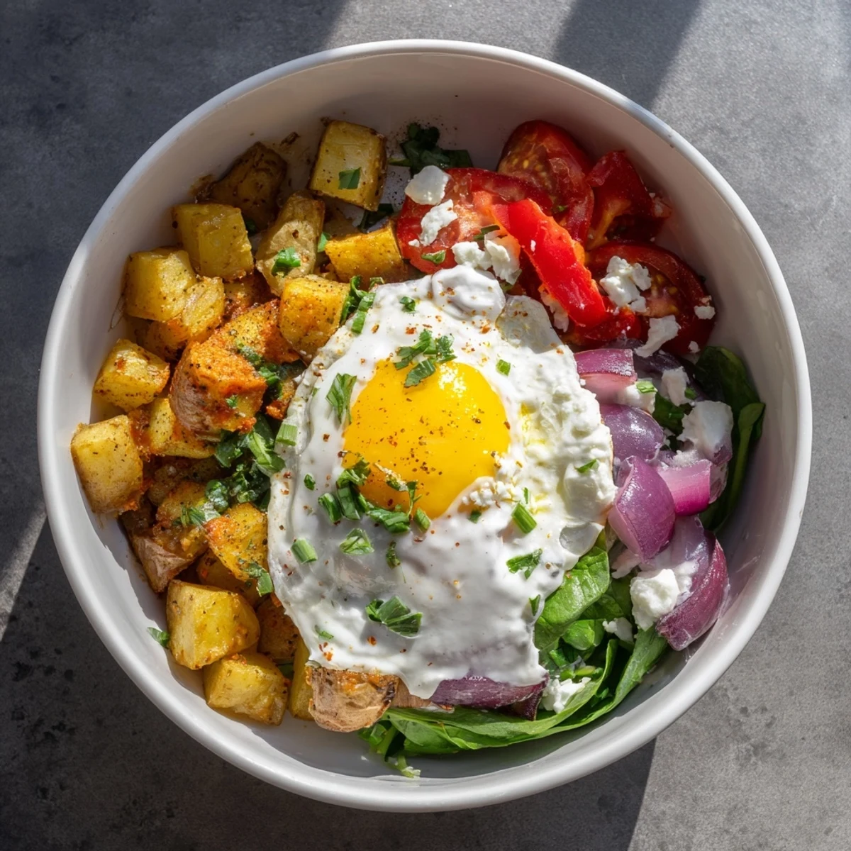 A close-up of the Savory Breakfast Bowl with crispy potatoes, wilted spinach, and a runny yolk egg.