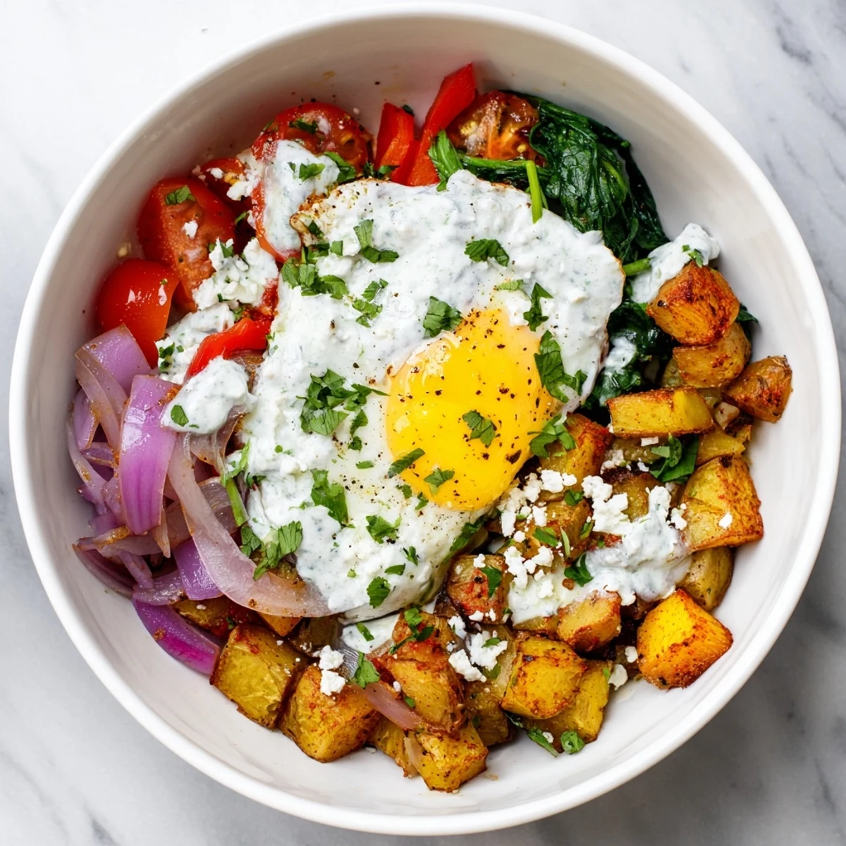 This Savory Breakfast Bowl showcases sautéed red peppers, onions, and tomatoes topped with creamy yogurt sauce.