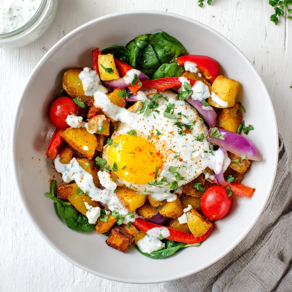 Vibrant Savory Breakfast Bowl featuring golden diced potatoes, fresh spinach, and a drizzle of zesty sauce.