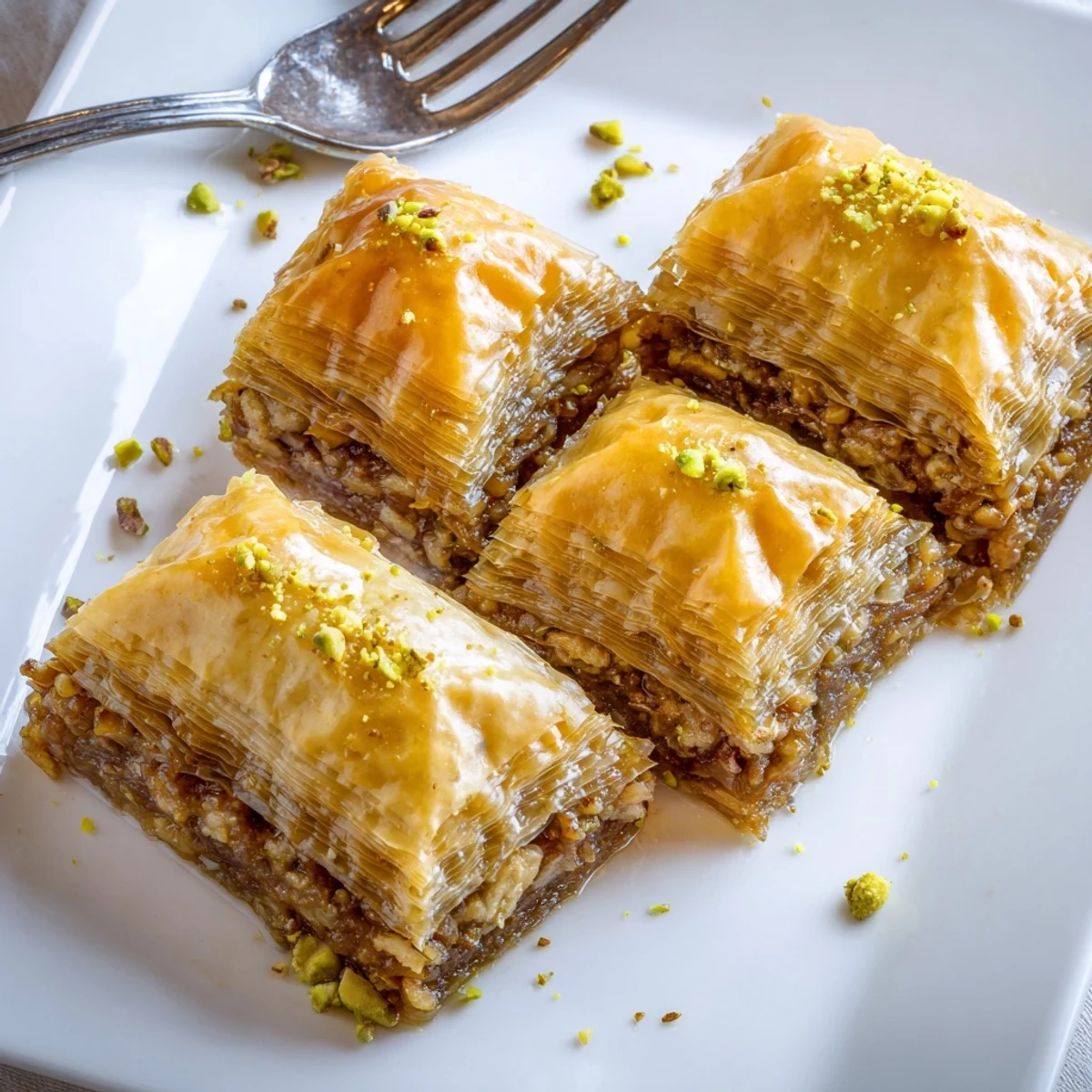 Golden-brown layers of Greek Baklava are cut into diamond shapes, glistening with honey syrup and topped with crushed pistachios for a sweet, nutty treat.