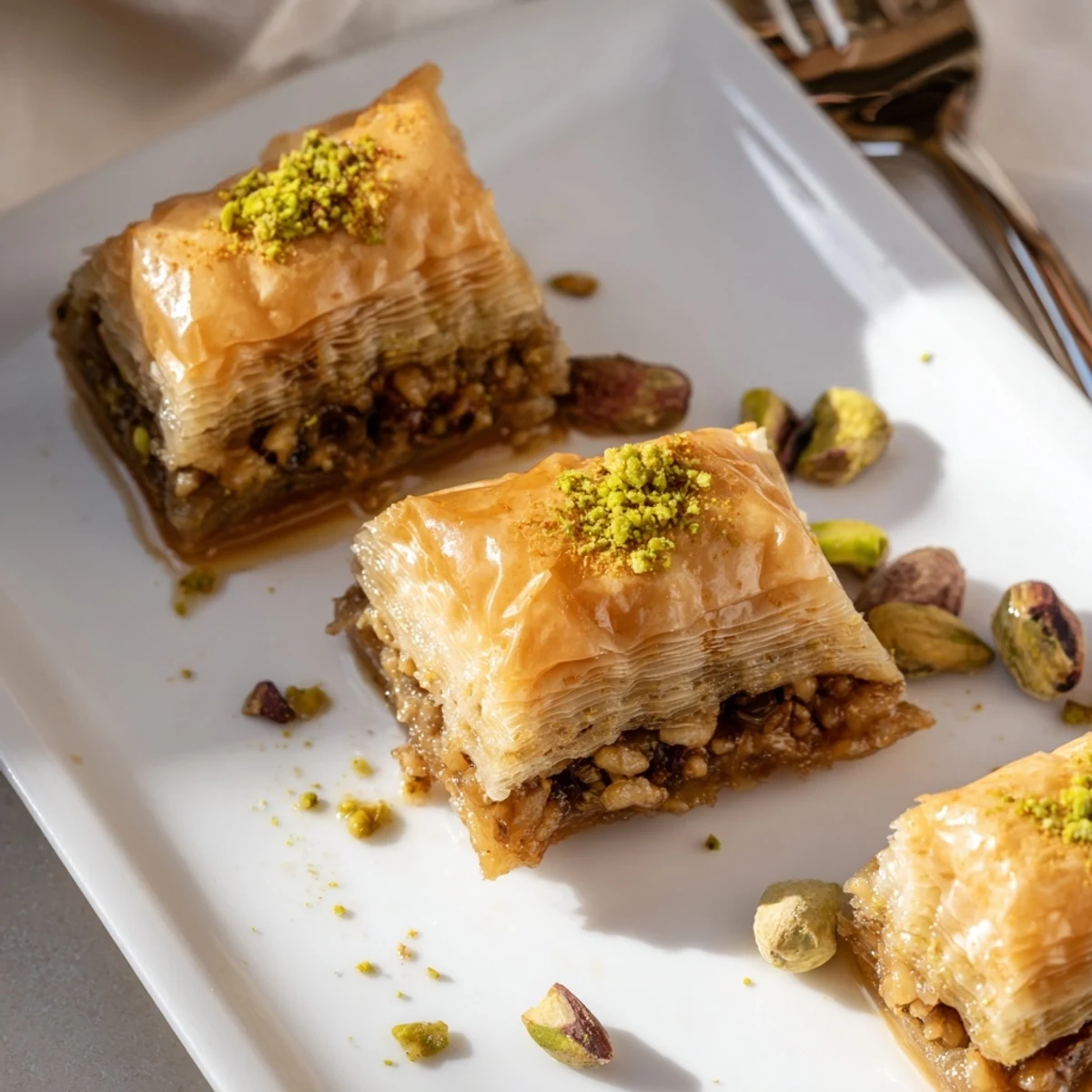 This delicious Greek Baklava dessert features crisp phyllo layers, a rich nut mixture, and a glossy honey glaze on a marble countertop.