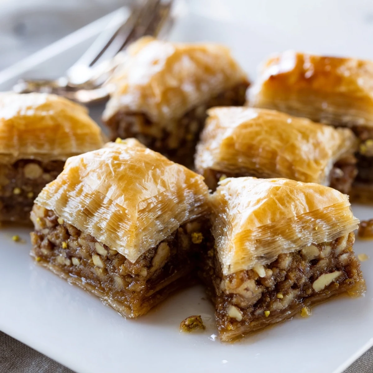 A close-up view of Greek Baklava showcases flaky, buttery phyllo pastry filled with walnuts and almonds, drizzled with honey and ready to serve.