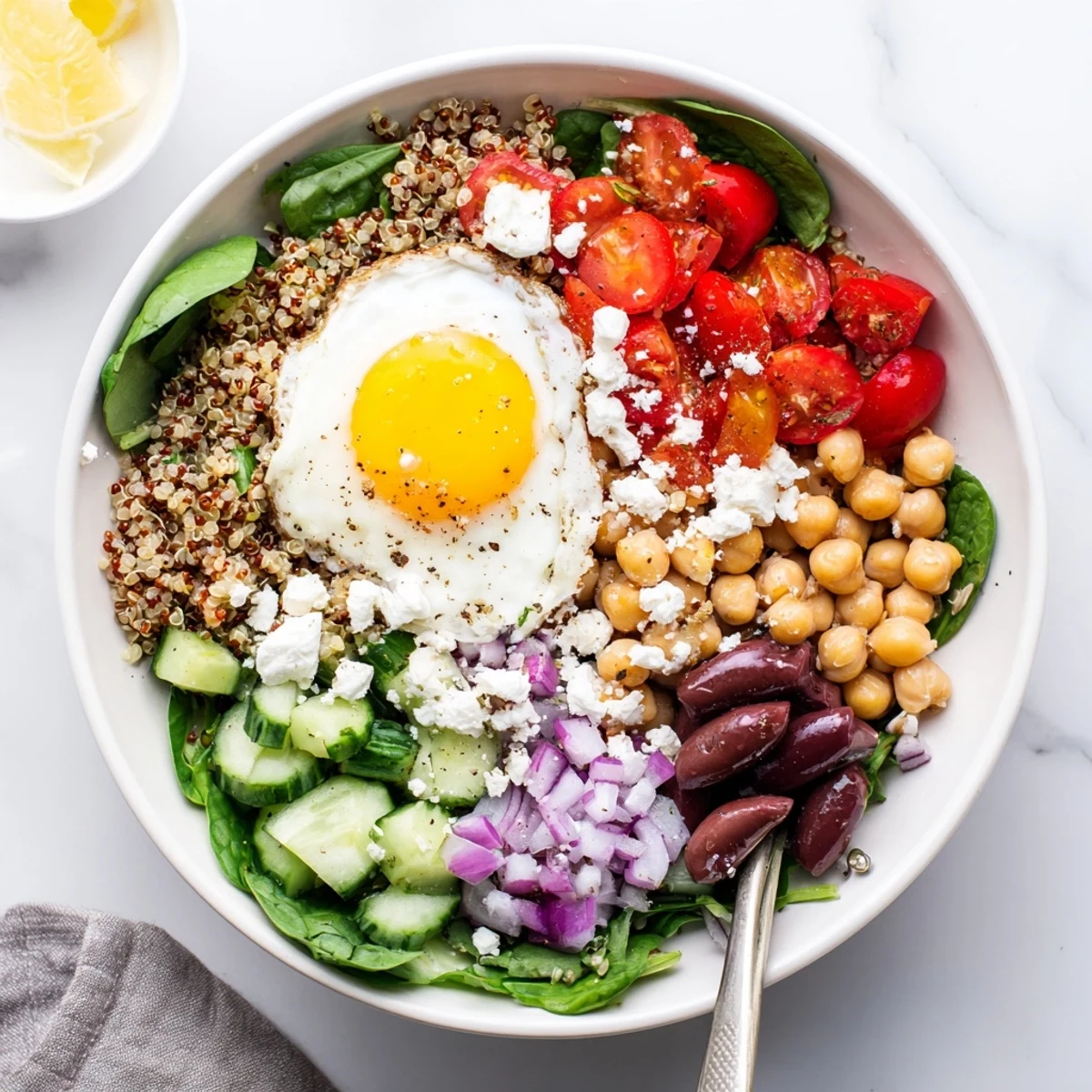 A vibrant Mediterranean Breakfast Bowl with quinoa, feta, and a sunny poached egg.