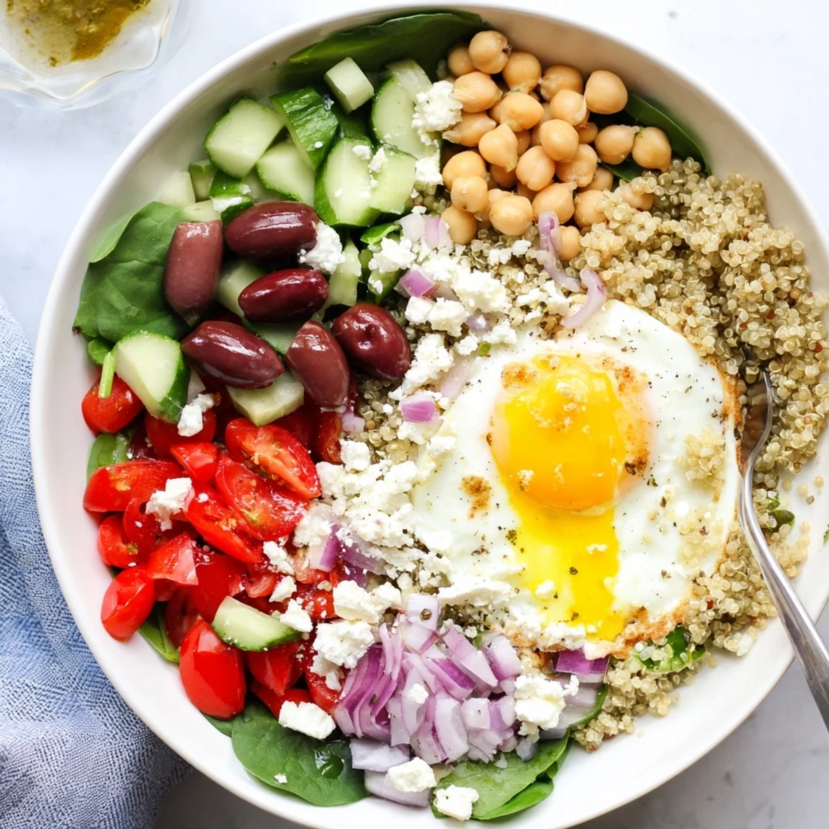 Hearty Mediterranean Breakfast Bowl topped with olives, spinach, and creamy feta ready to serve.